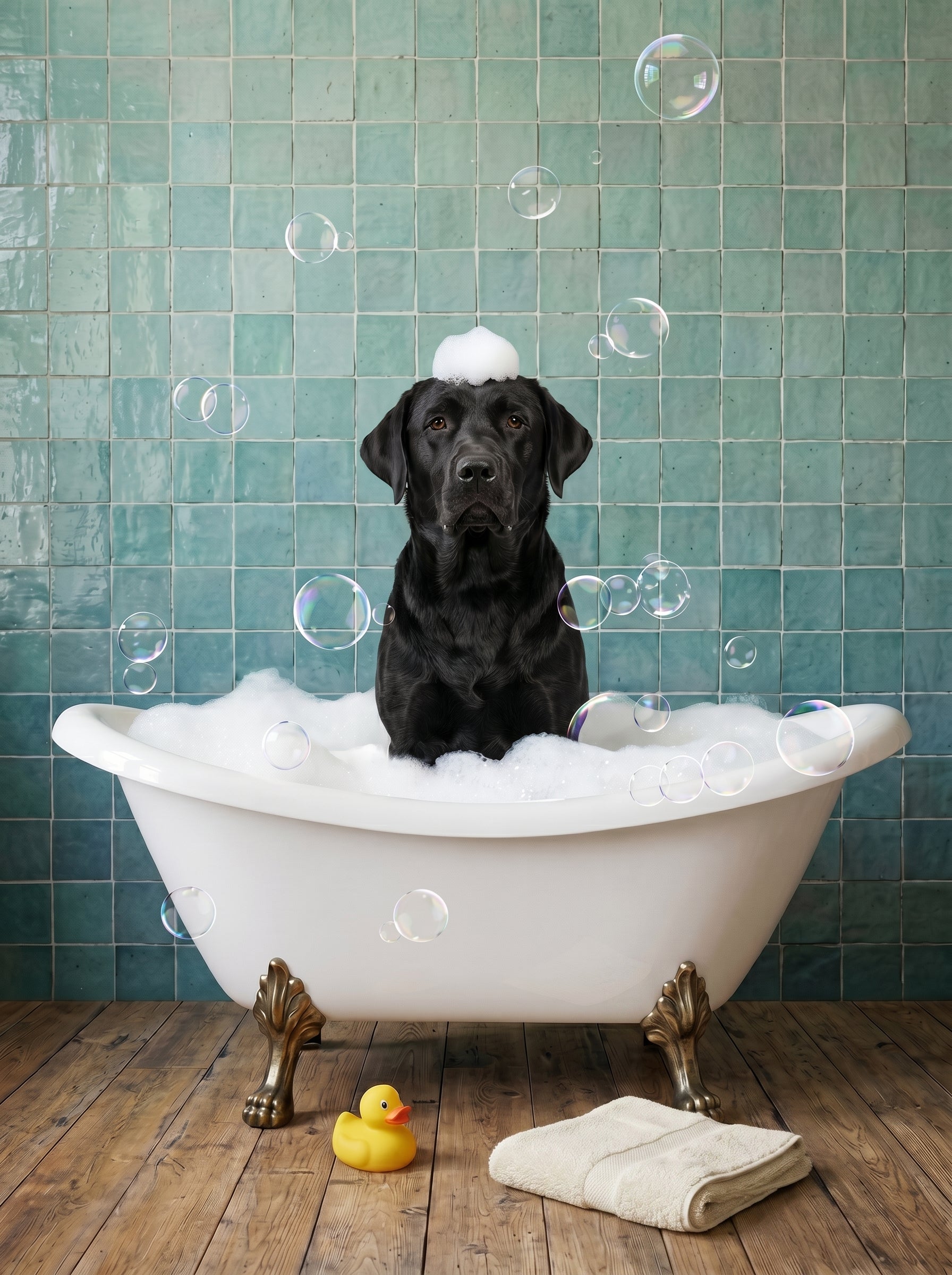 Schwarzer Labrador im Schaumbad in freistehender Badewanne vor Fliesenwand