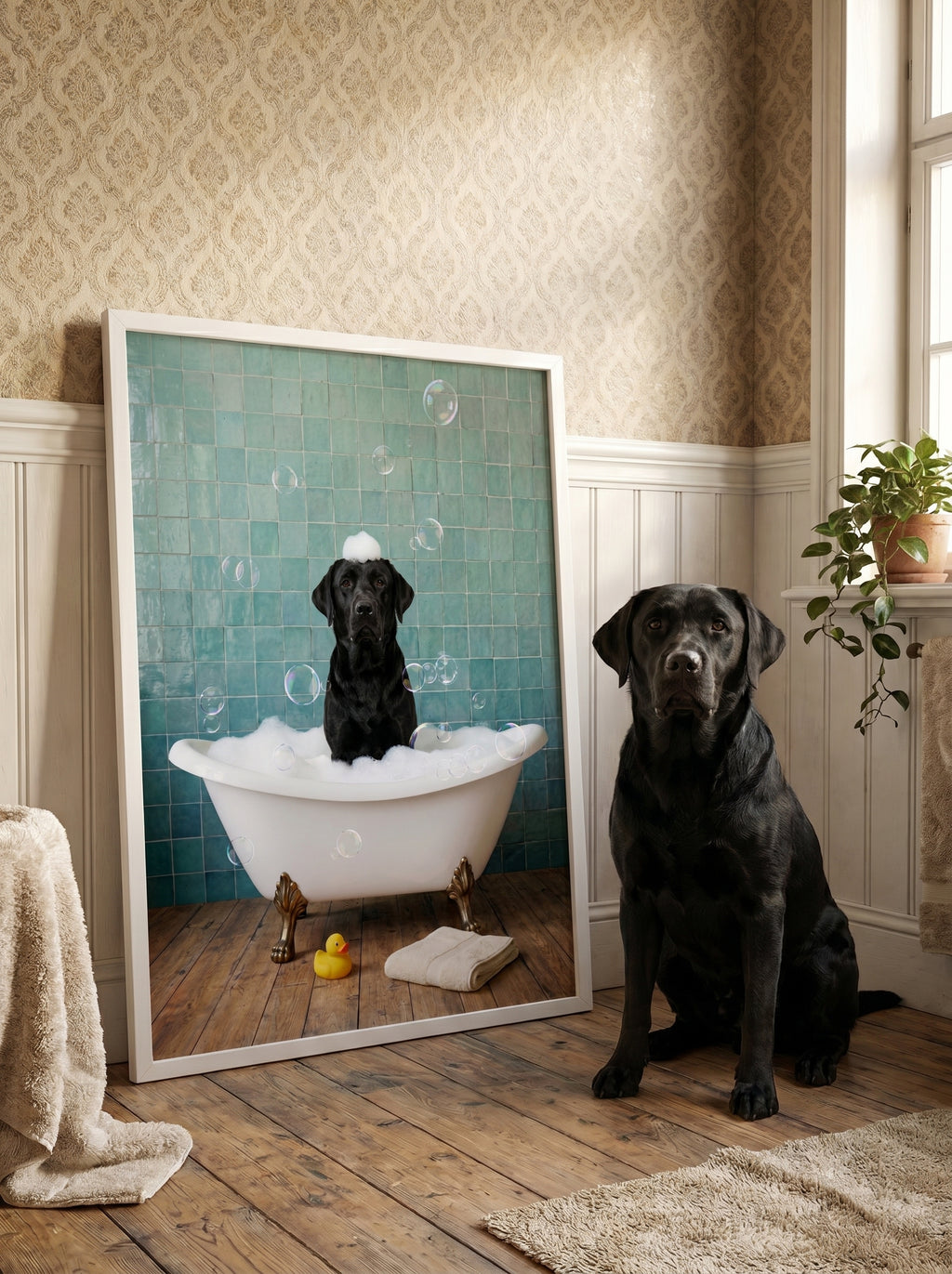 Schwarzer Labrador neben gerahmtem Badewannen-Porträt mit Schaumblasen im Badezimmer