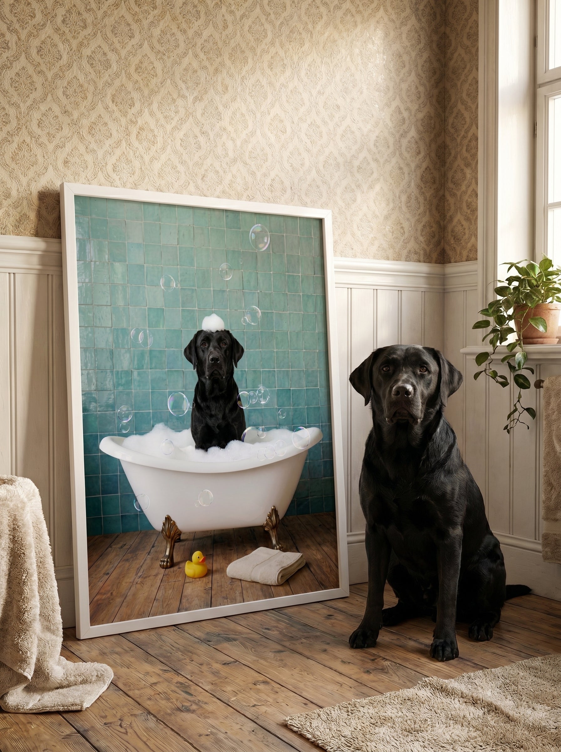 Schwarzer Labrador neben gerahmtem Badewannen-Porträt mit Schaumblasen im Badezimmer