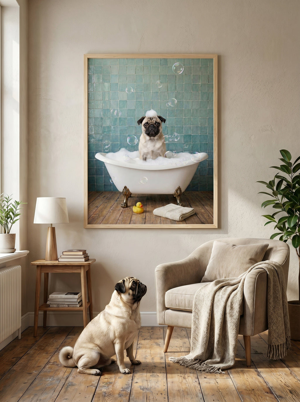 Mops in Badewanne mit Seifenblasen, humorvolles Wandbild im Wohnzimmer