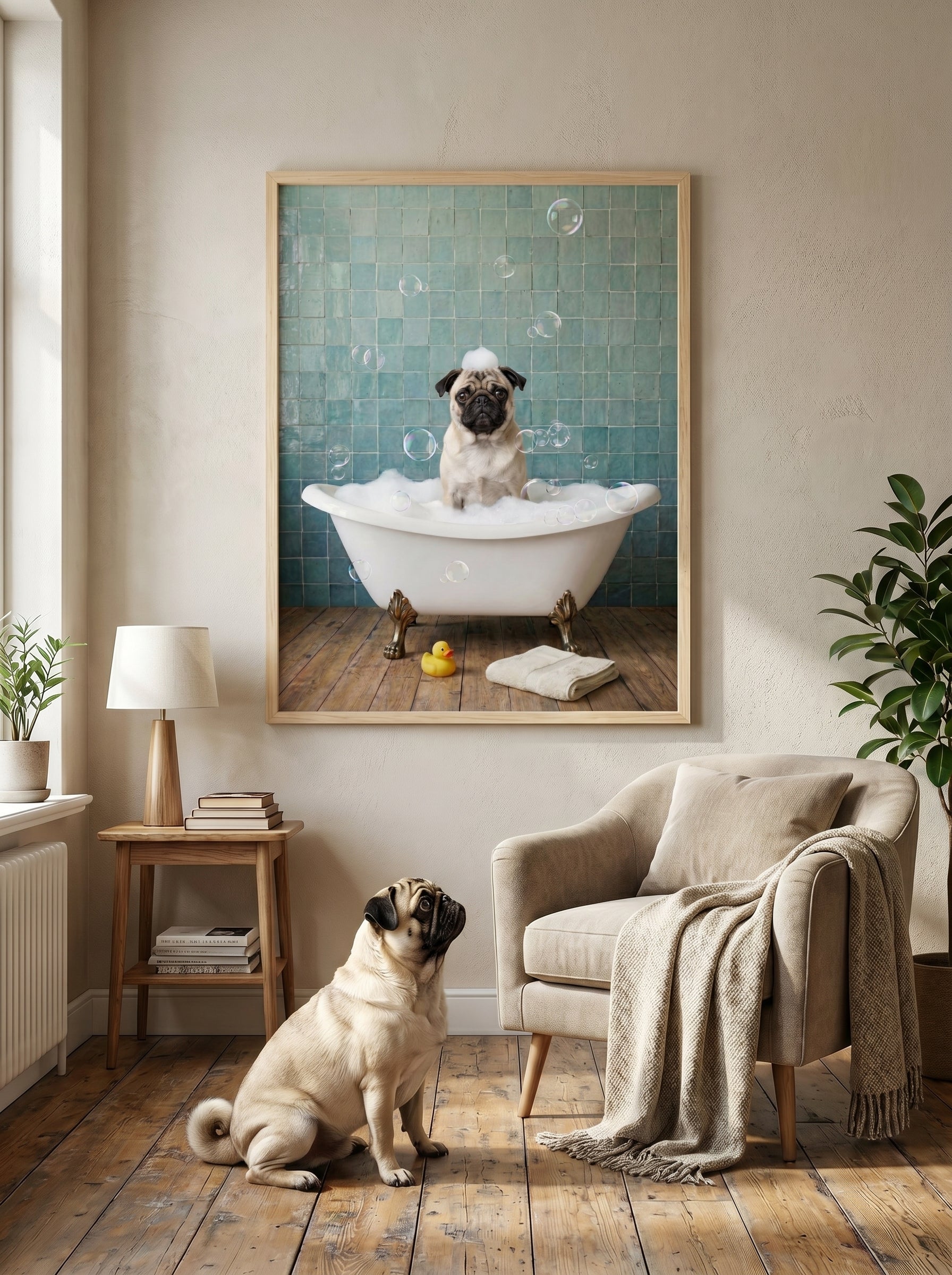 Mops in Badewanne mit Seifenblasen, humorvolles Wandbild im Wohnzimmer