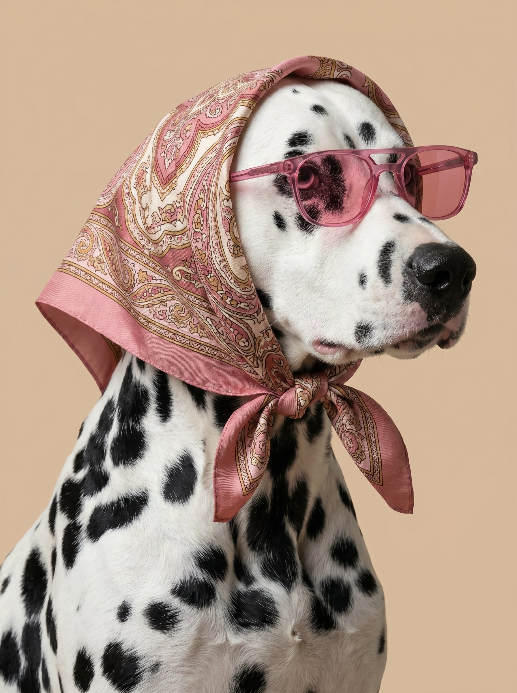 Dalmatiner mit rosa Kopftuch und Sonnenbrille im Studio-Porträt