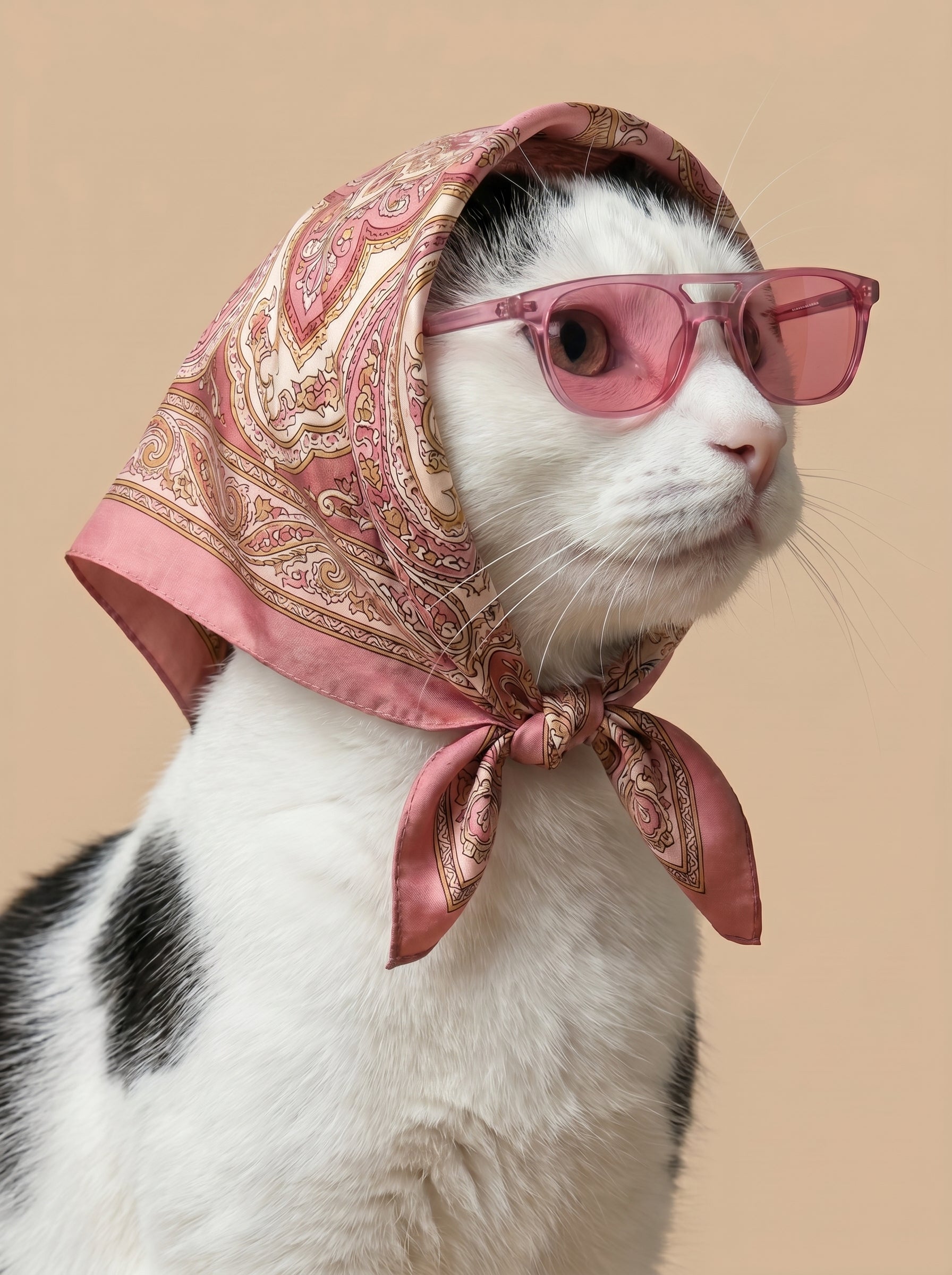 Weiße Katze mit rosa Kopftuch und Sonnenbrille vor beigem Hintergrund