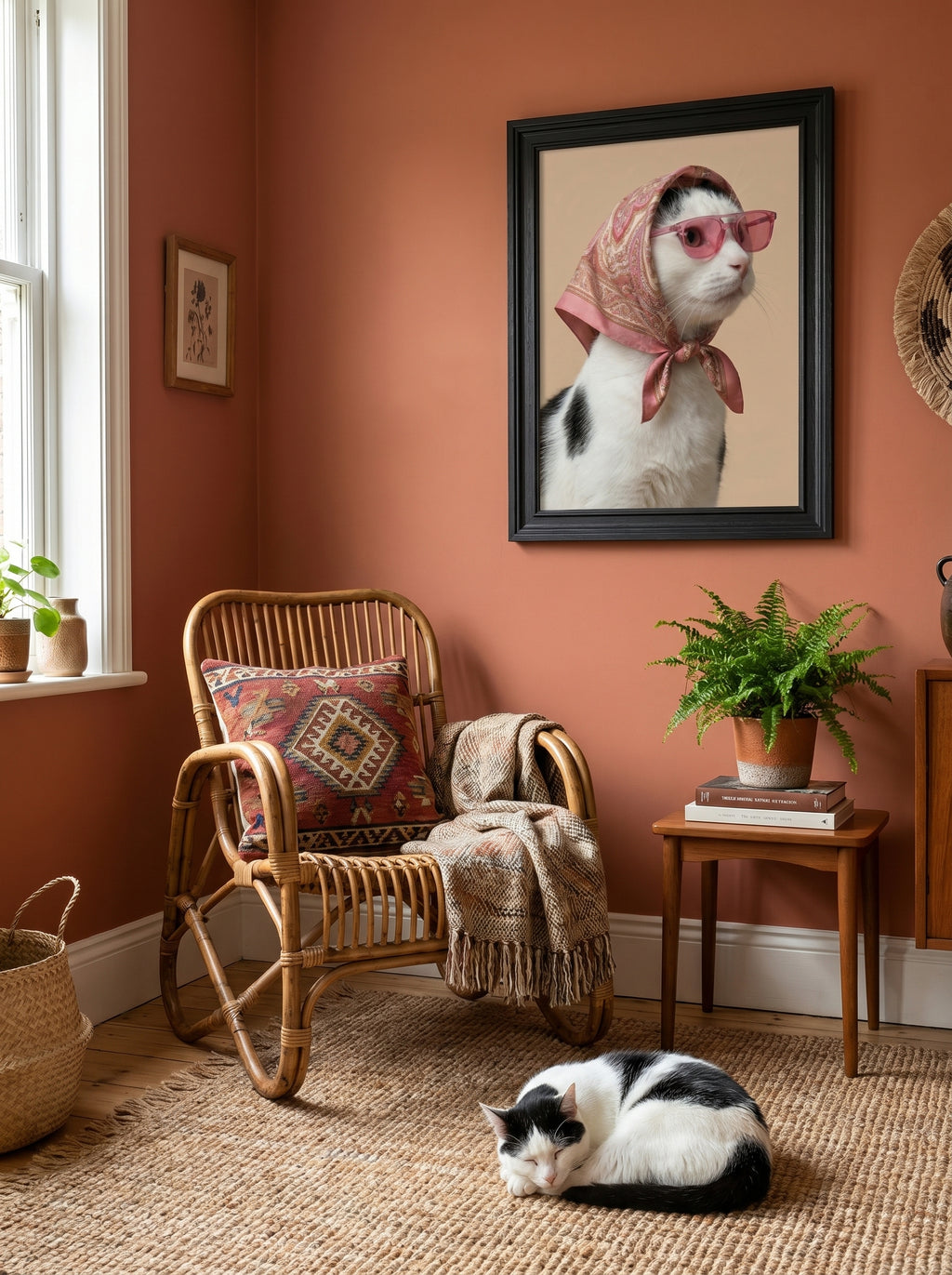 Gerahmtes Katzenporträt mit Kopftuch und Sonnenbrille im gemütlichen Wohnzimmer