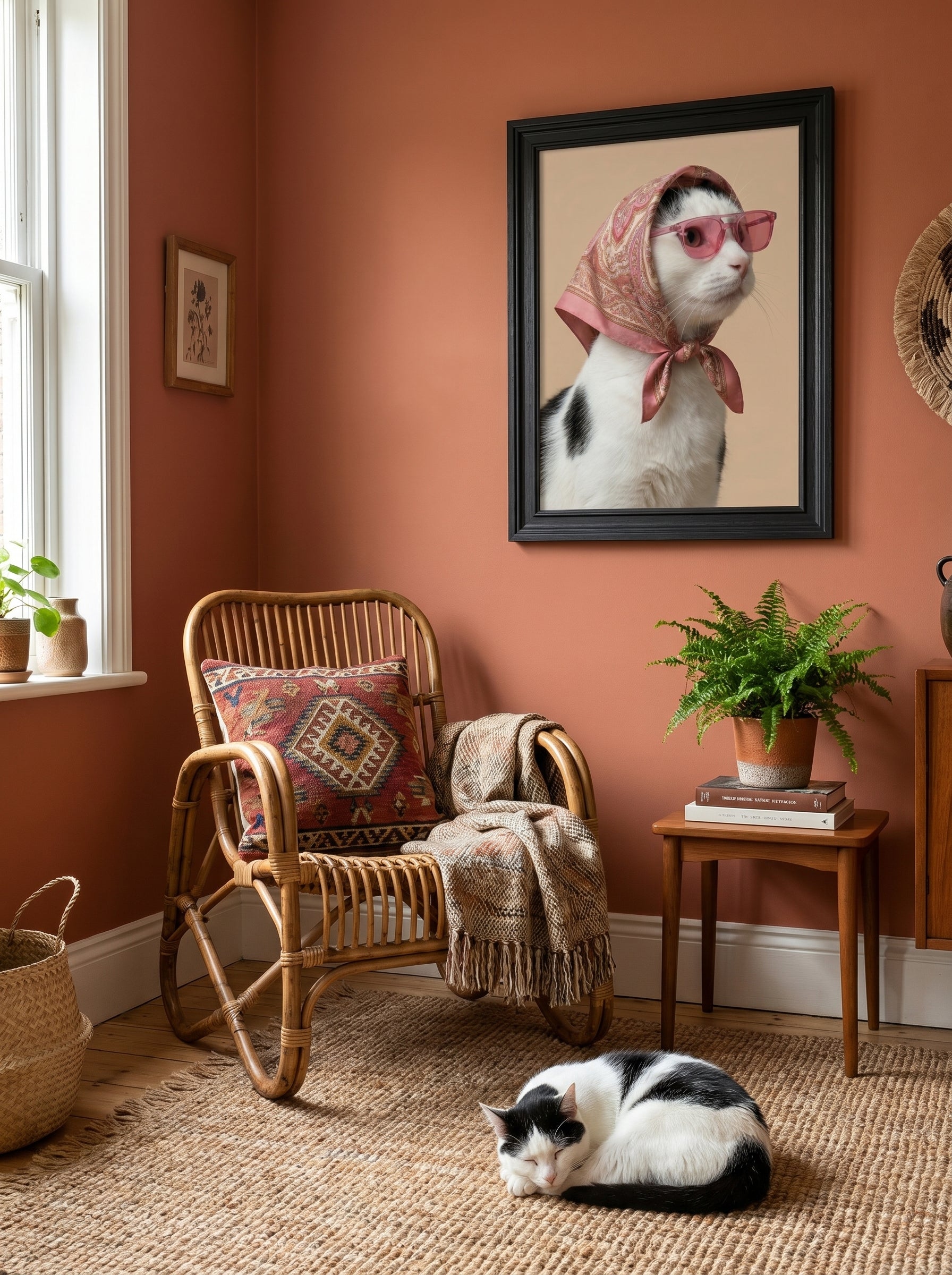 Gerahmtes Katzenporträt mit Kopftuch und Sonnenbrille im gemütlichen Wohnzimmer