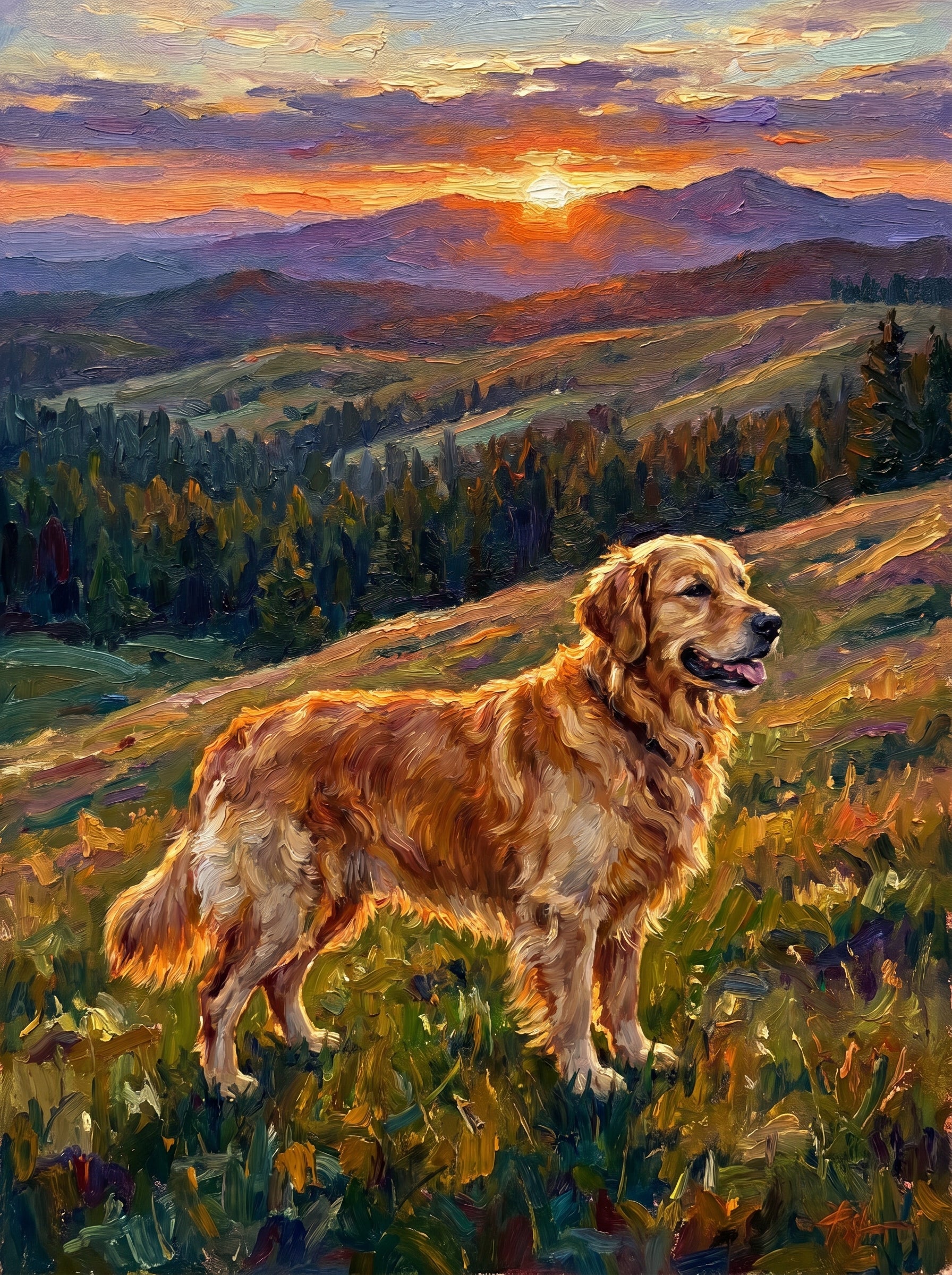 Golden Retriever in impressionistischer Berglandschaft bei Sonnenuntergang, Ölgemälde-Stil