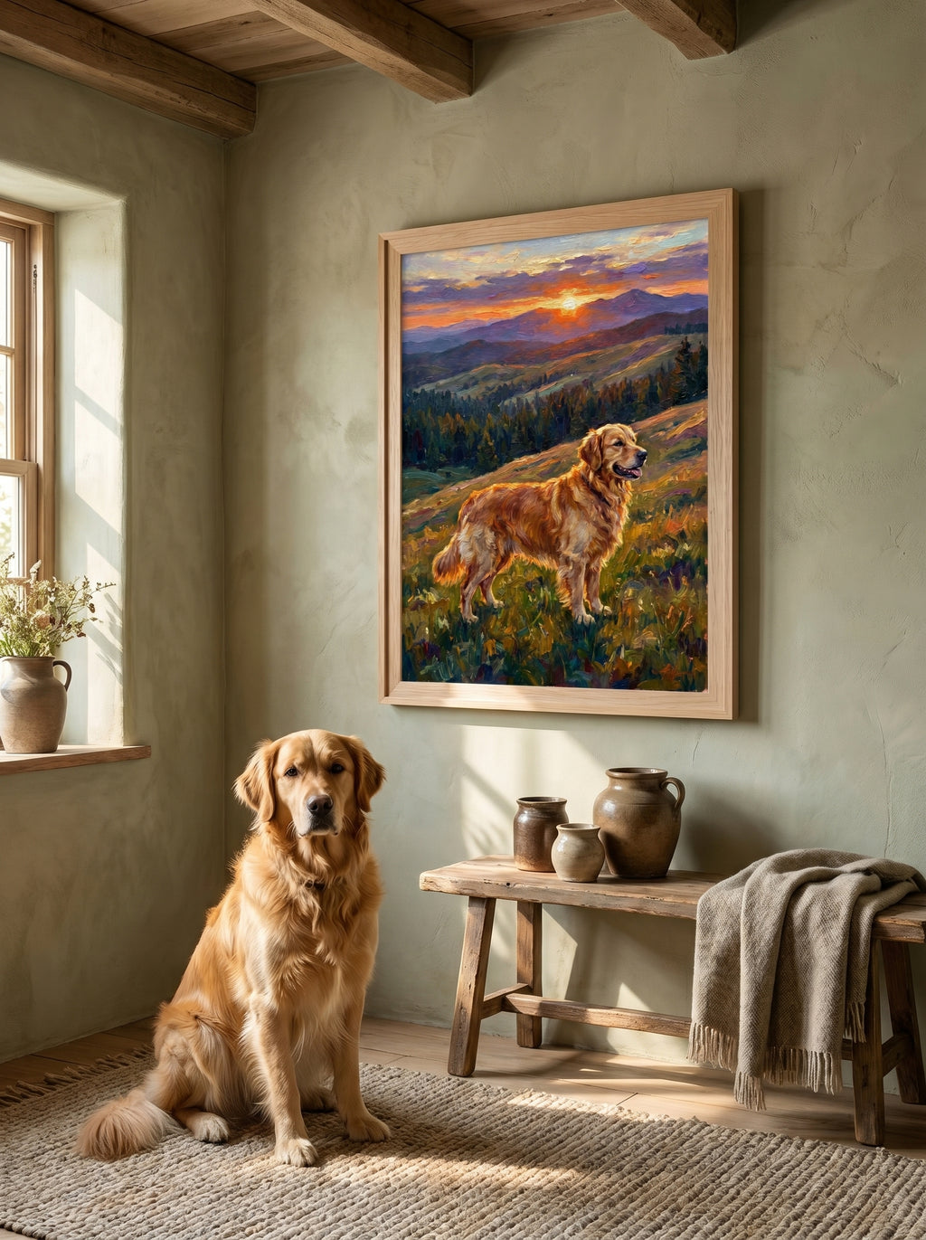 Golden Retriever im Landhaus, Gemälde mit Berglandschaft bei Sonnenuntergang