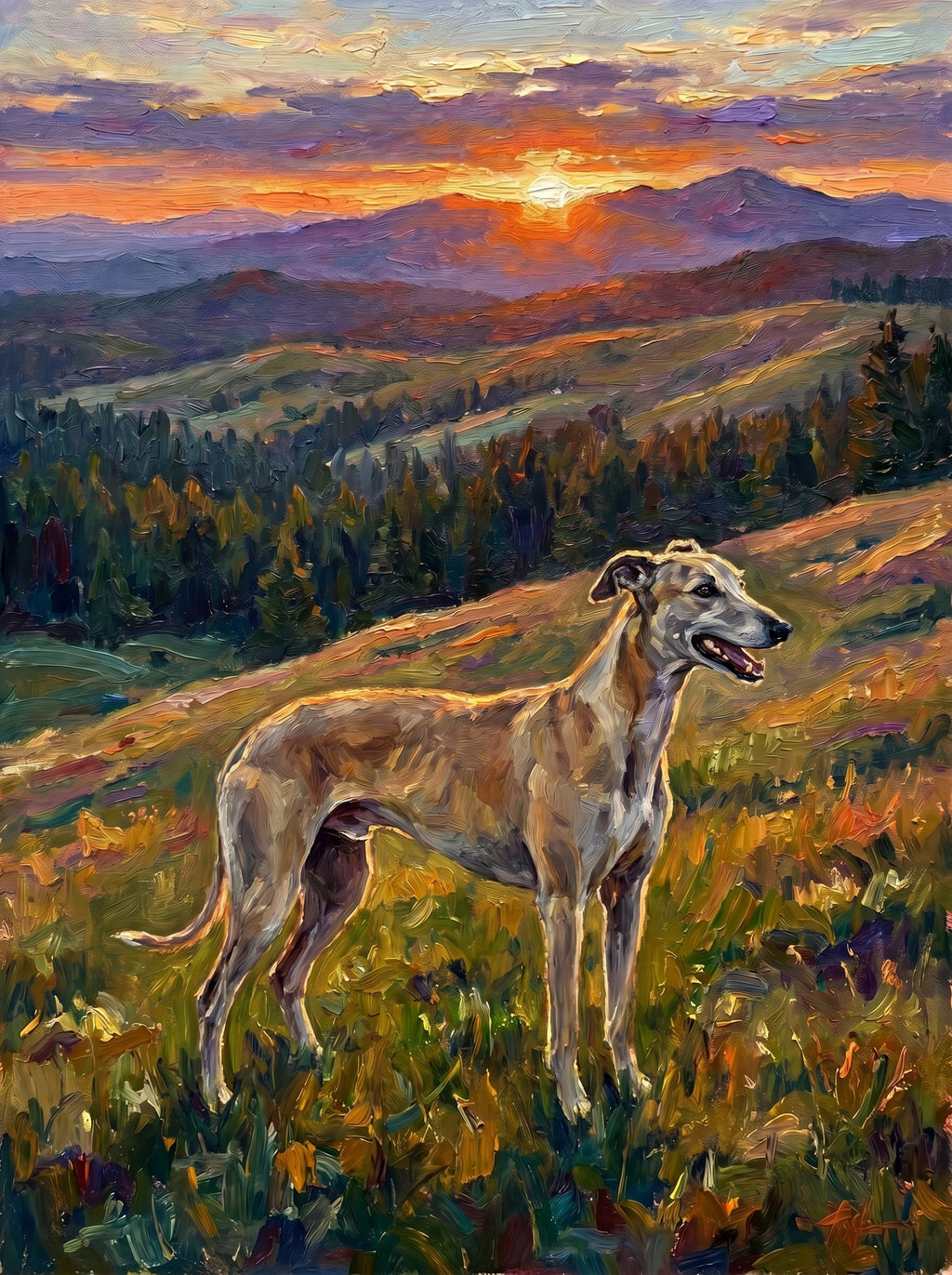 Windhund im impressionistischen Bergwiesen-Porträt vor Sonnenuntergang und Waldlandschaft