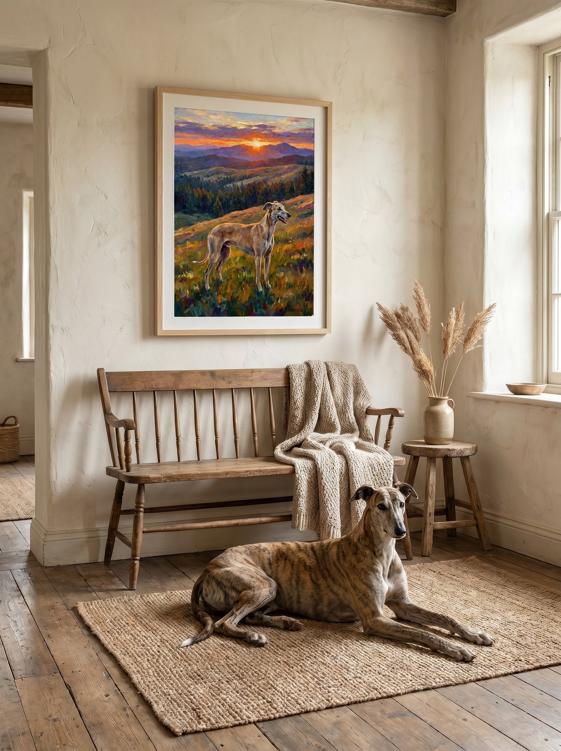 Gerahmtes Windhund-Gemälde im impressionistischen Stil über rustikaler Holzbank