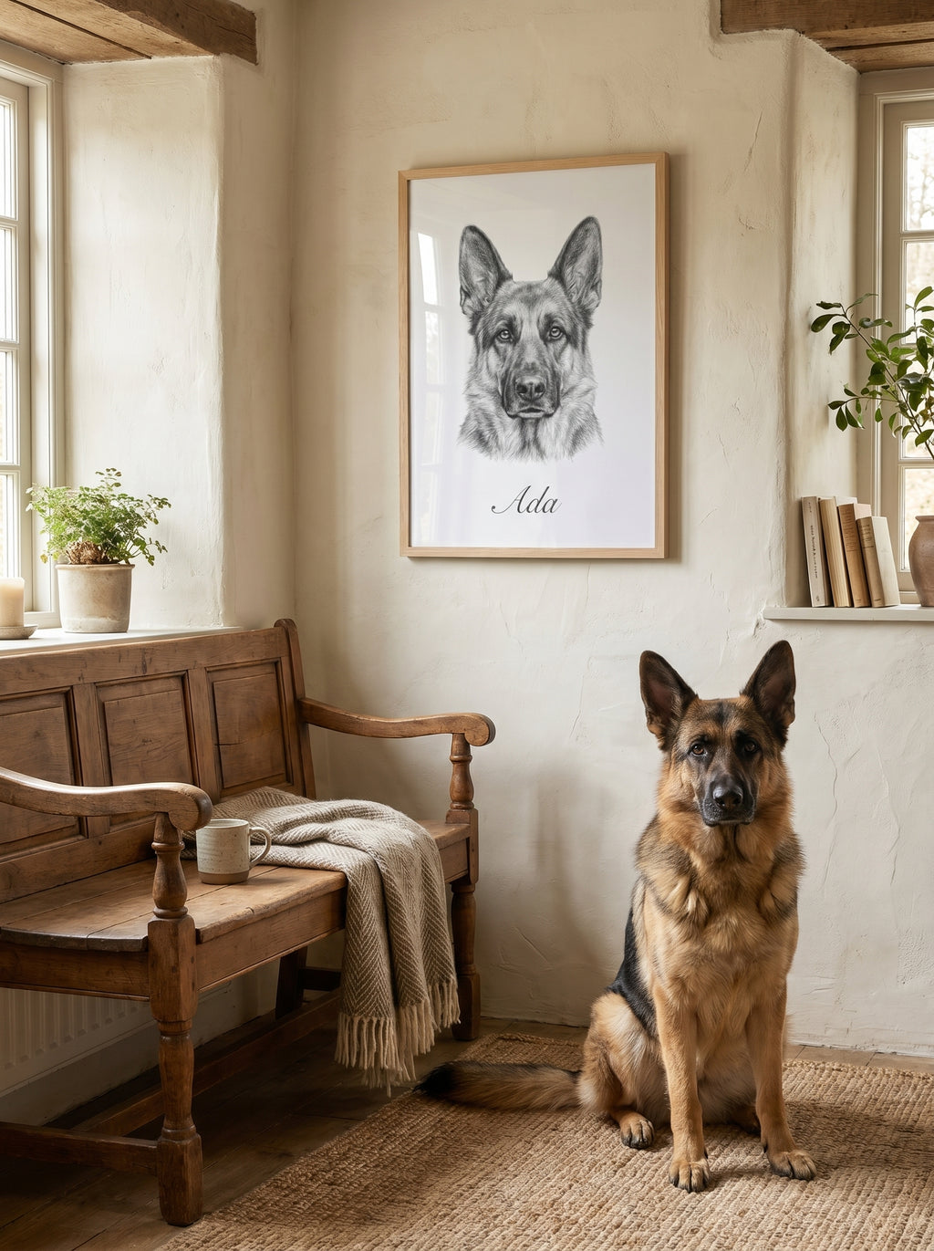 Deutscher Schäferhund im rustikalen Wohnzimmer unter gerahmtem Bleistiftporträt
