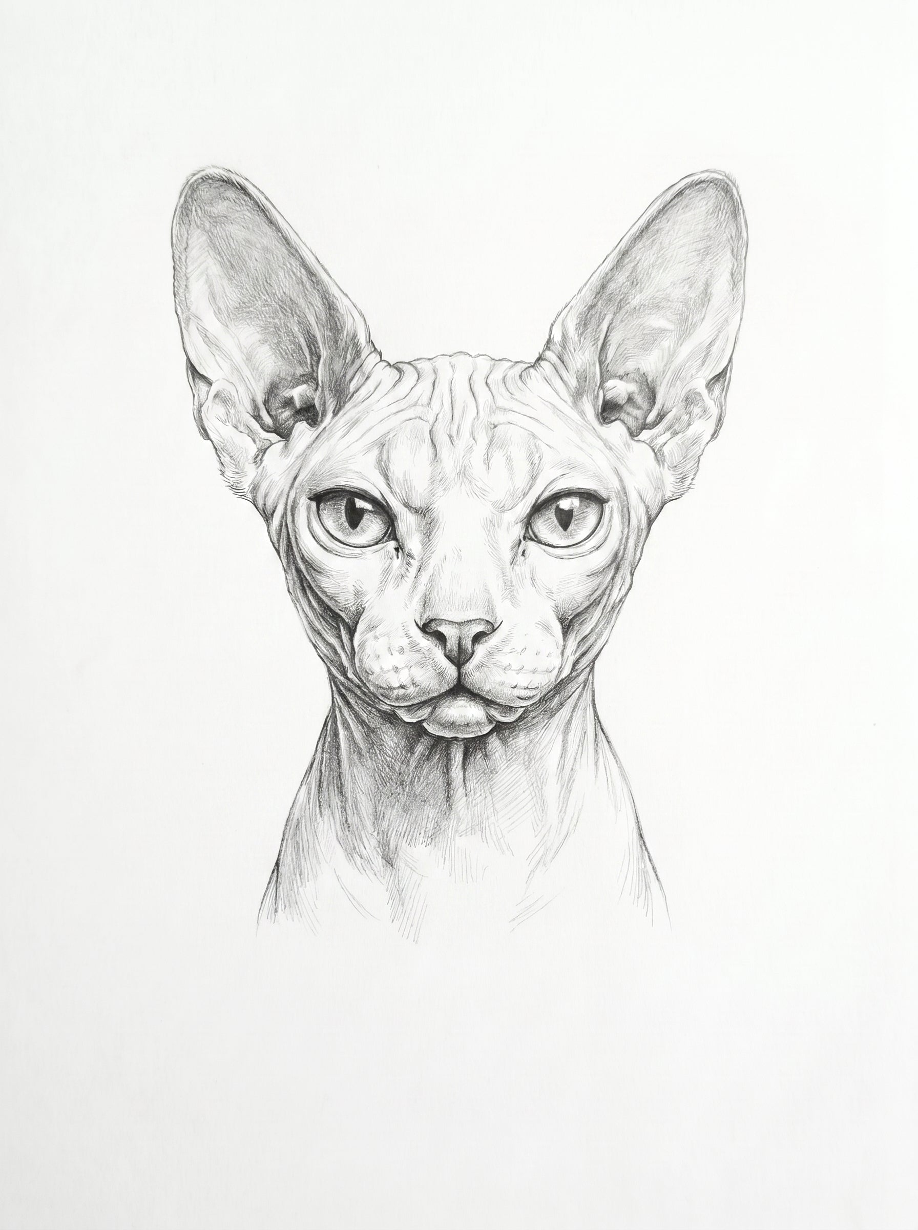 Sphynx-Katze als detaillierte Bleistiftzeichnung vor schlichtem weißem Hintergrund