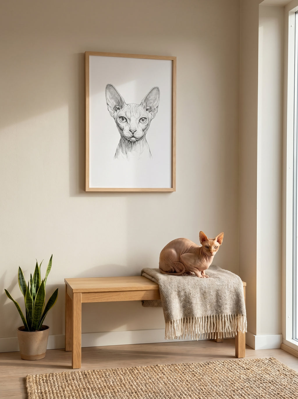 Sphynx-Katze auf Holzbank unter Bleistiftporträt im minimalistischen Wohnraum