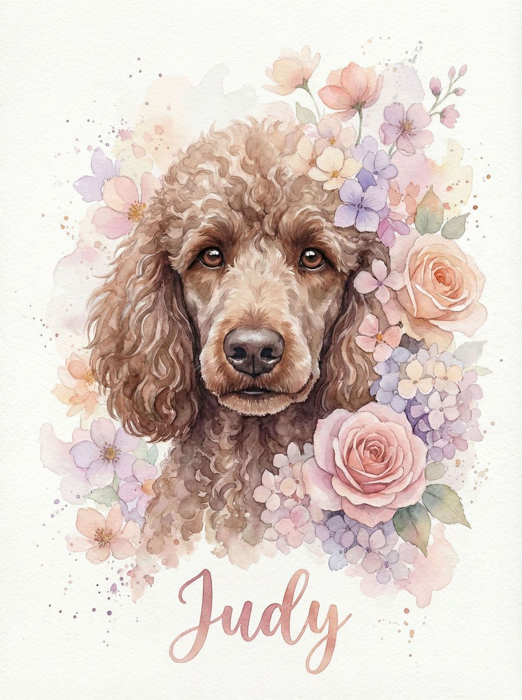 Aquarellporträt eines Pudels umgeben von Rosen und Pastellblumen