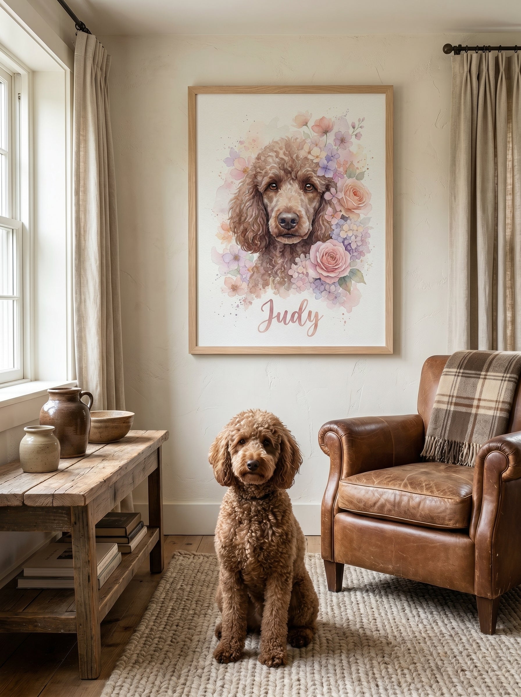 Aquarellporträt eines Pudels mit Blumen im gerahmten Wandbild Wohnzimmer