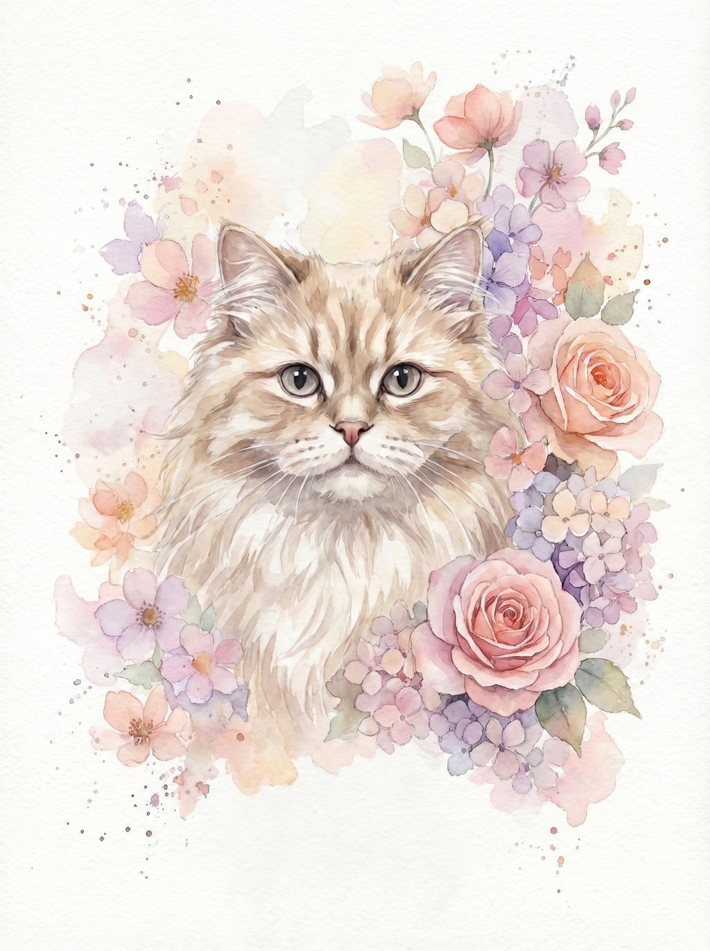 Flauschige Katze als Aquarellporträt umgeben von zarten Pastellblumen