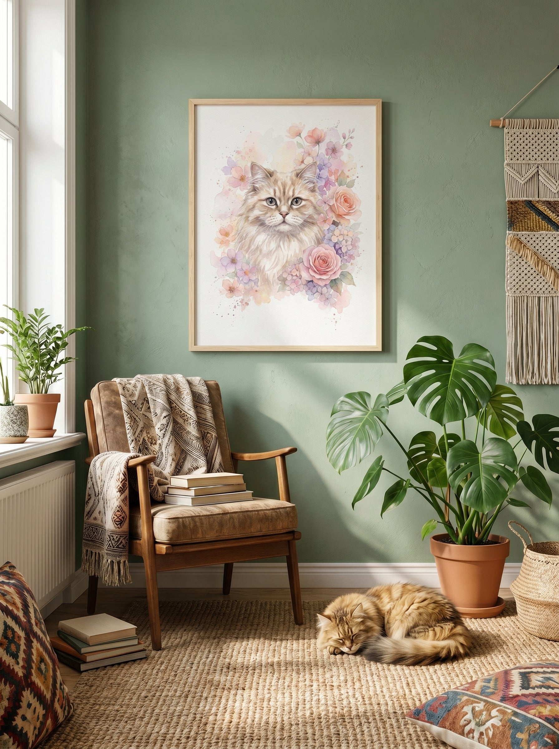 Aquarellporträt einer flauschigen Katze mit Blumen im gemütlichen Wohnzimmer