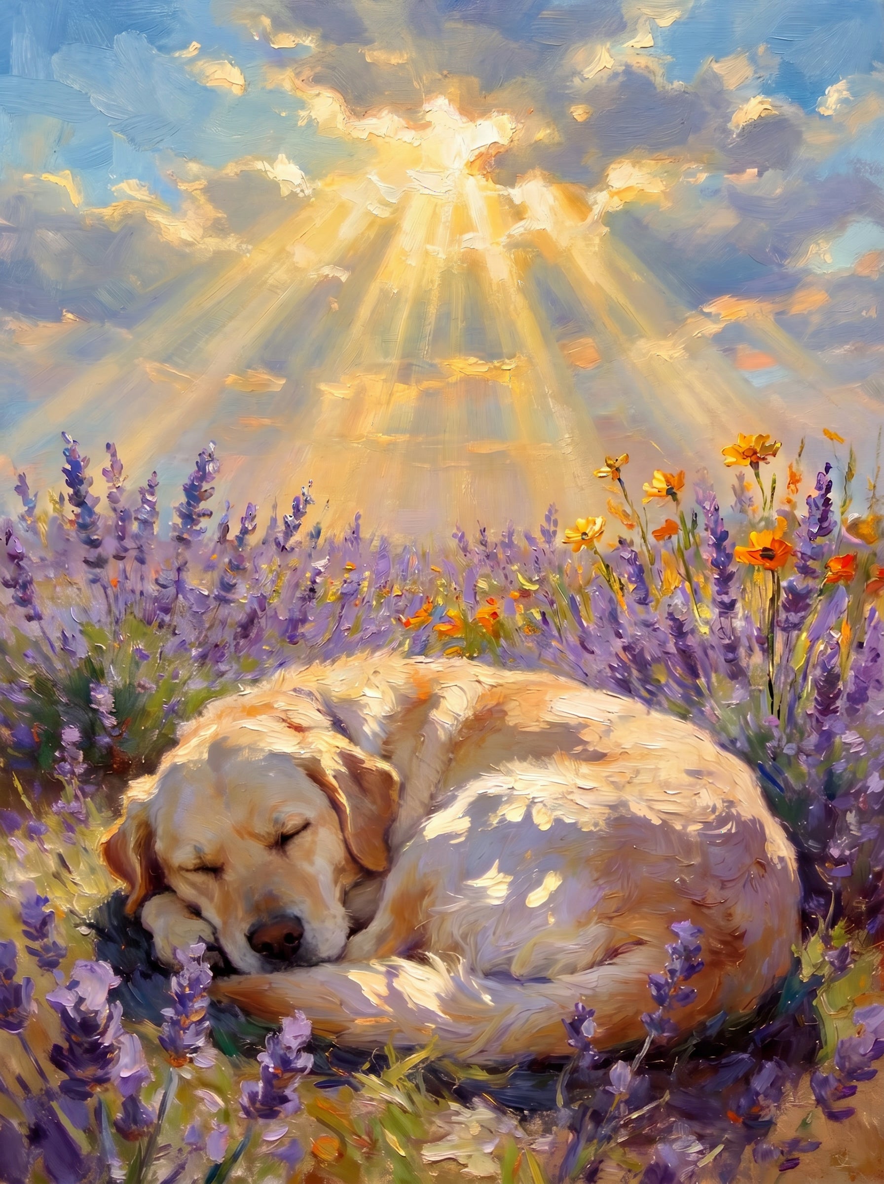 Schlafender Golden Retriever im Lavendelfeld, impressionistisches Gemälde mit Sonnenstrahlen