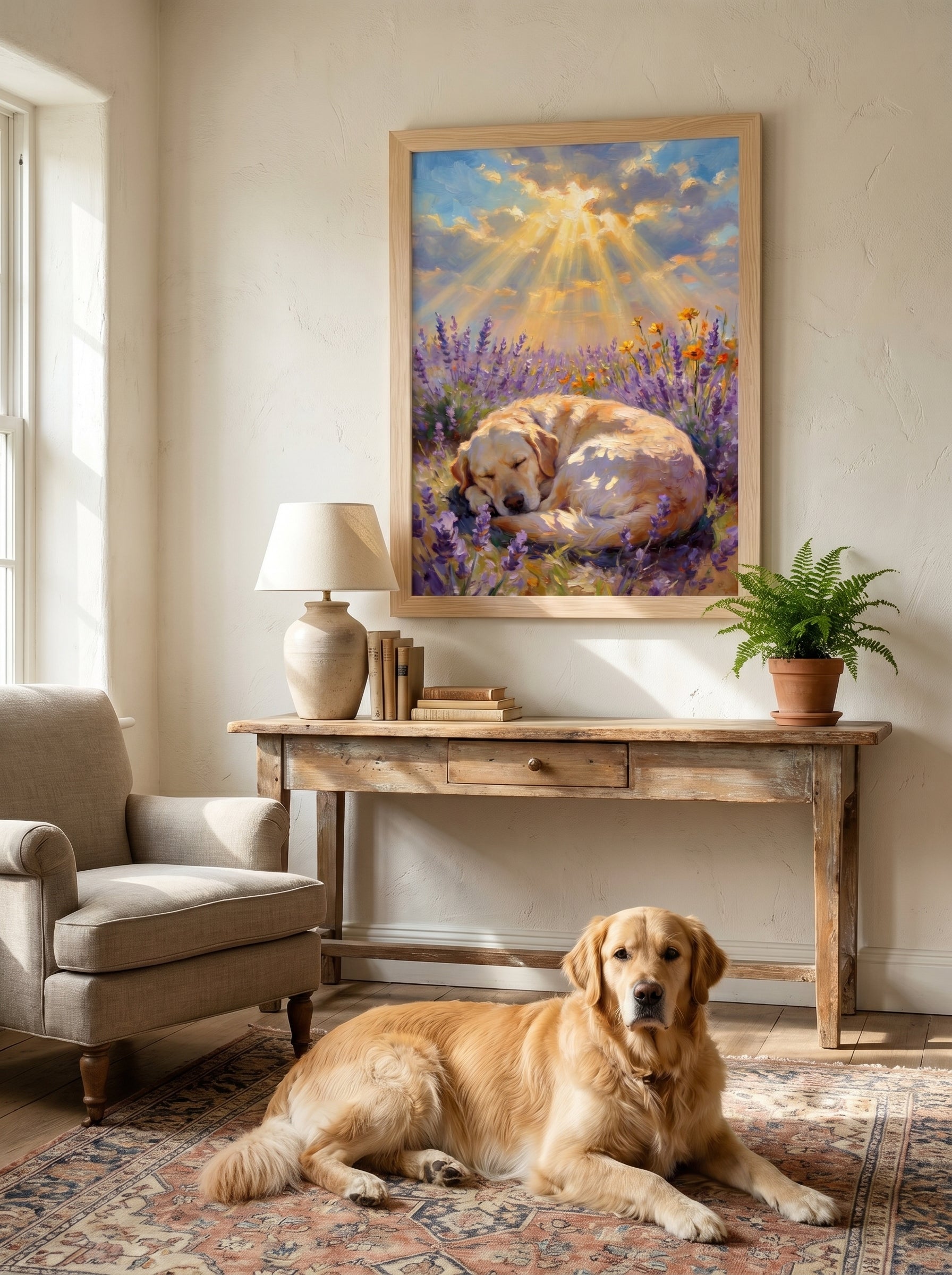 Golden Retriever im Wohnzimmer vor Gemälde eines schlafenden Hundes
