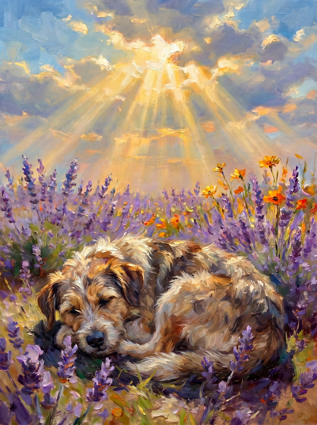 Schlafender Hund im impressionistischen Lavendelfeld unter Sonnenstrahlen und Wolken