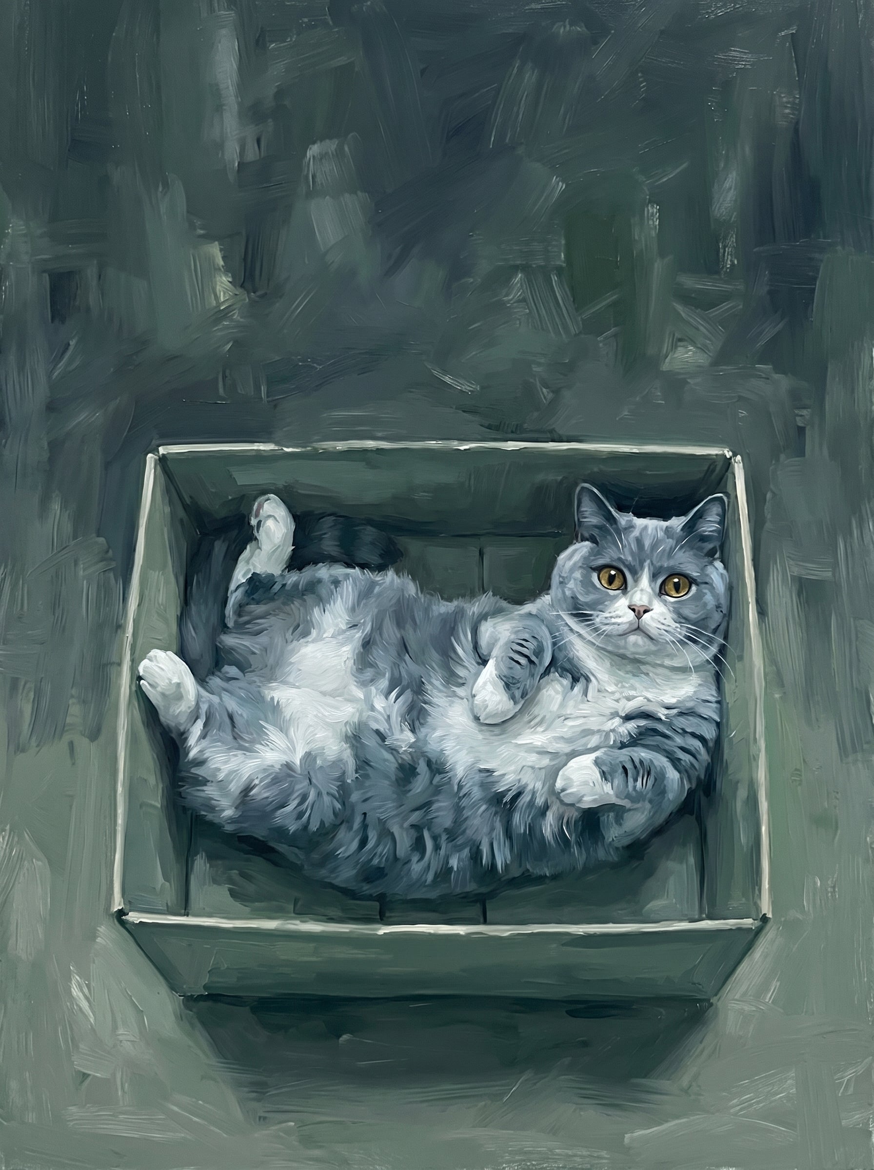 Graue Katze im Karton liegend, gemaltes Porträt auf dunklem Hintergrund