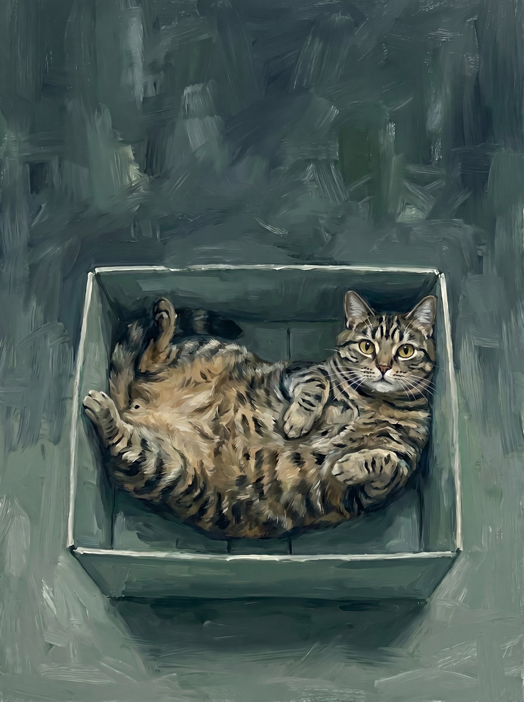 Getigerte Katze entspannt in Karton, gemäldeartiger Stil auf grauem Hintergrund