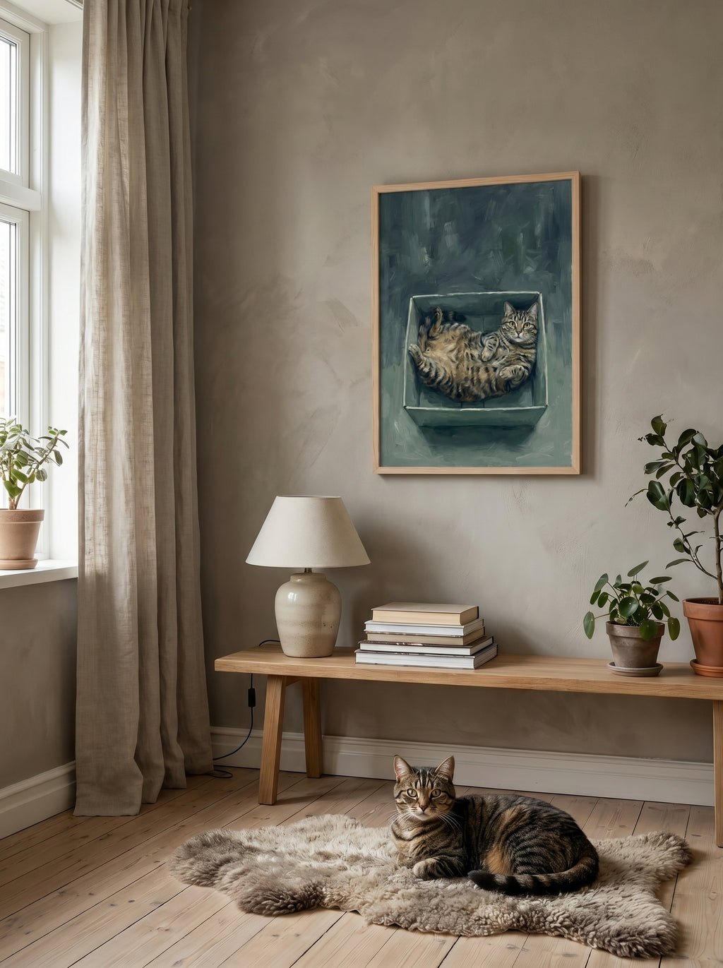 Getigerte Katze auf Teppich unter Katzenbild im gemütlichen Wohnzimmer
