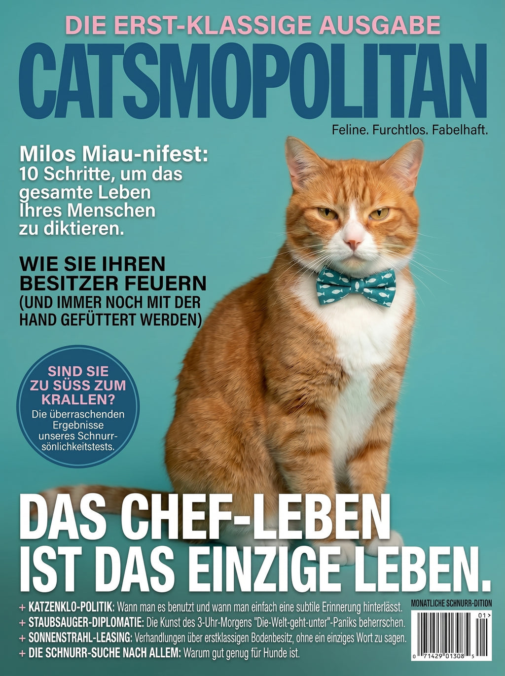 Orangefarbene Katze mit Fliege auf satirischem Magazincover vor türkisfarbenem Hintergrund