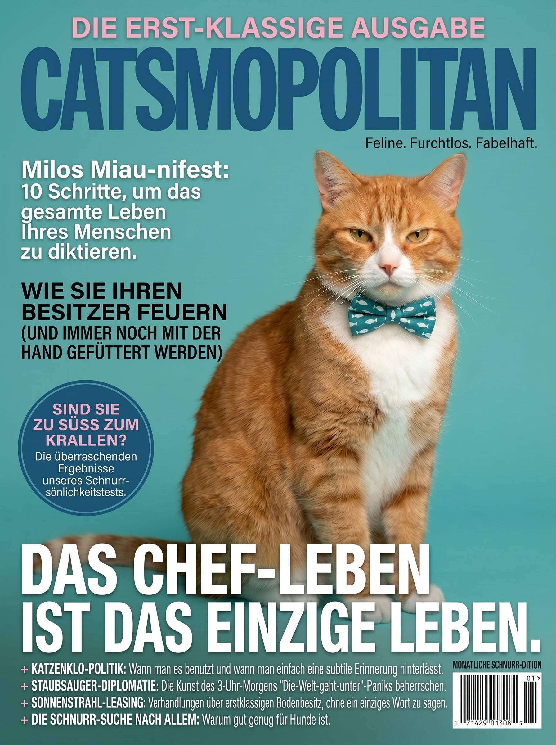 Orangefarbene Katze mit Fliege auf satirischem Magazincover vor türkisfarbenem Hintergrund