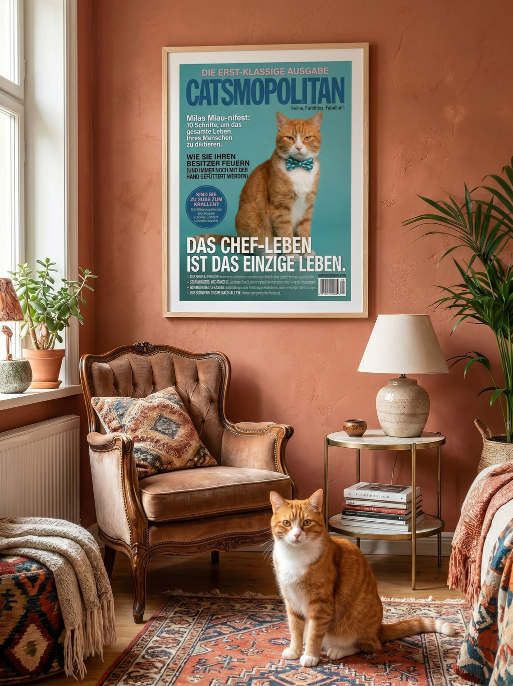 Katze auf Magazinposter und rote Katze im gemütlichen Wohnzimmer