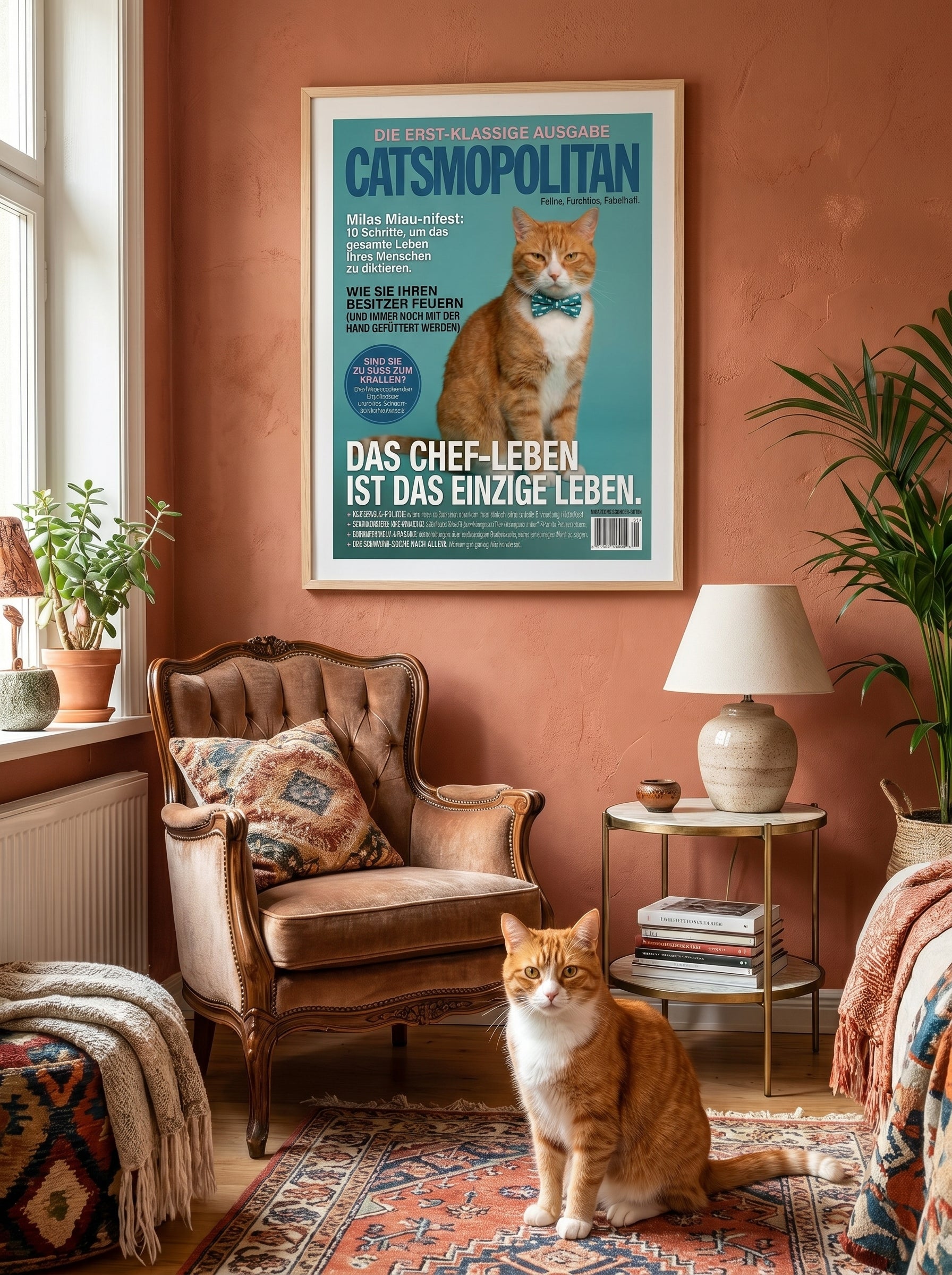 Katze auf Magazinposter und rote Katze im gemütlichen Wohnzimmer