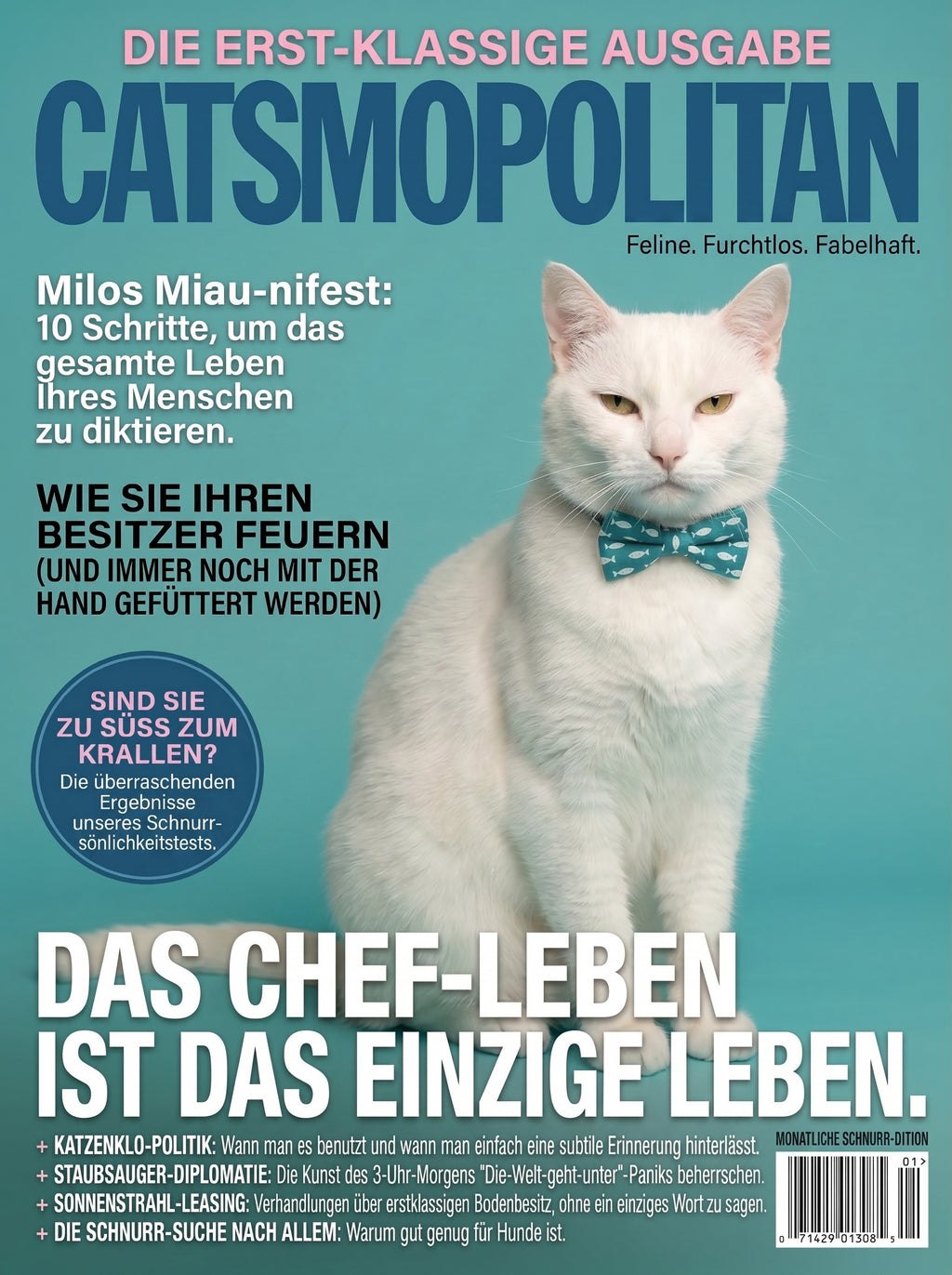 Weiße Katze mit Fliege auf humorvollem Magazincover vor türkisfarbenem Hintergrund