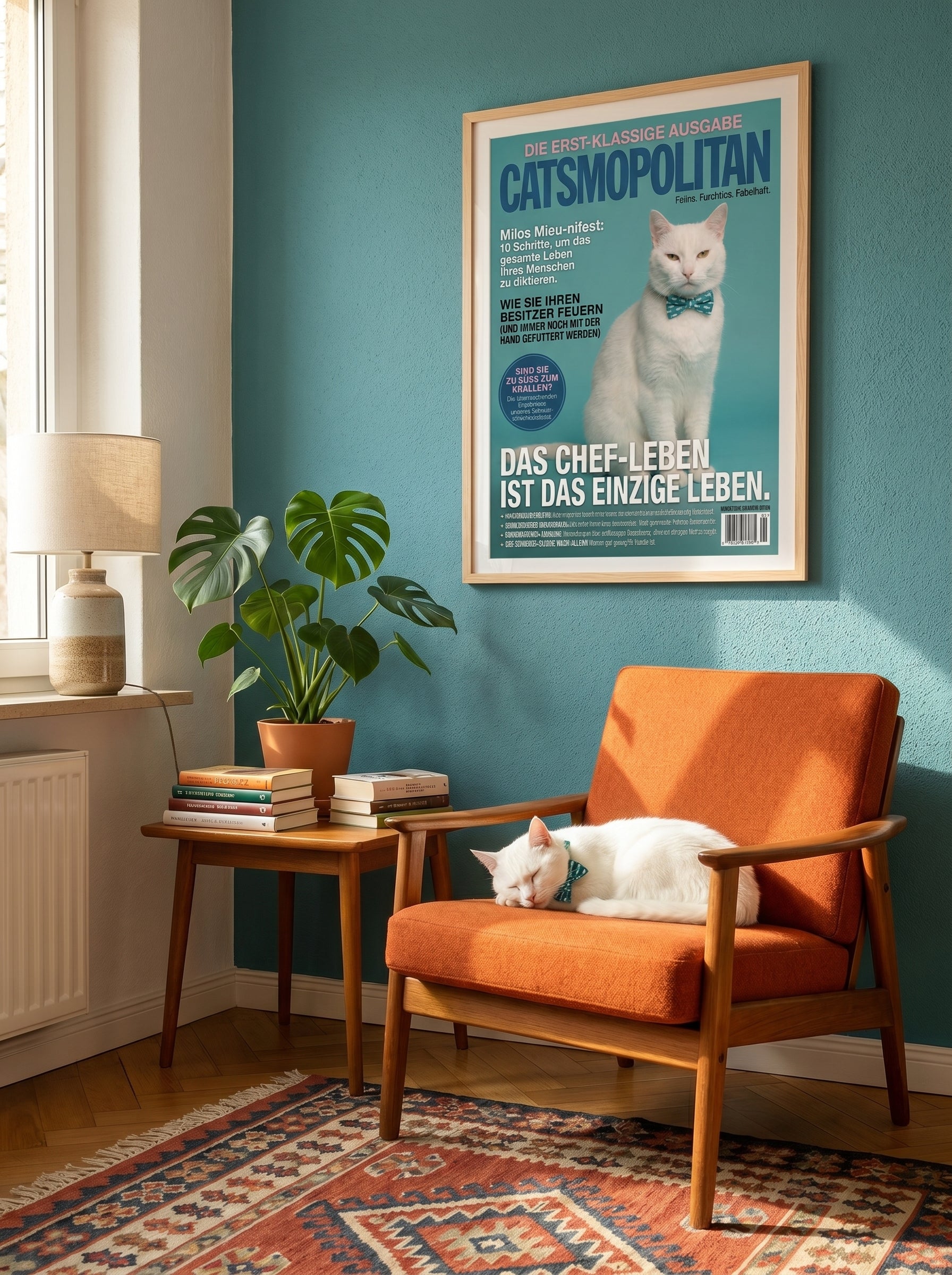 Weiße Katze auf Magazinposter und schlafend im Wohnzimmer, realistischer Stil