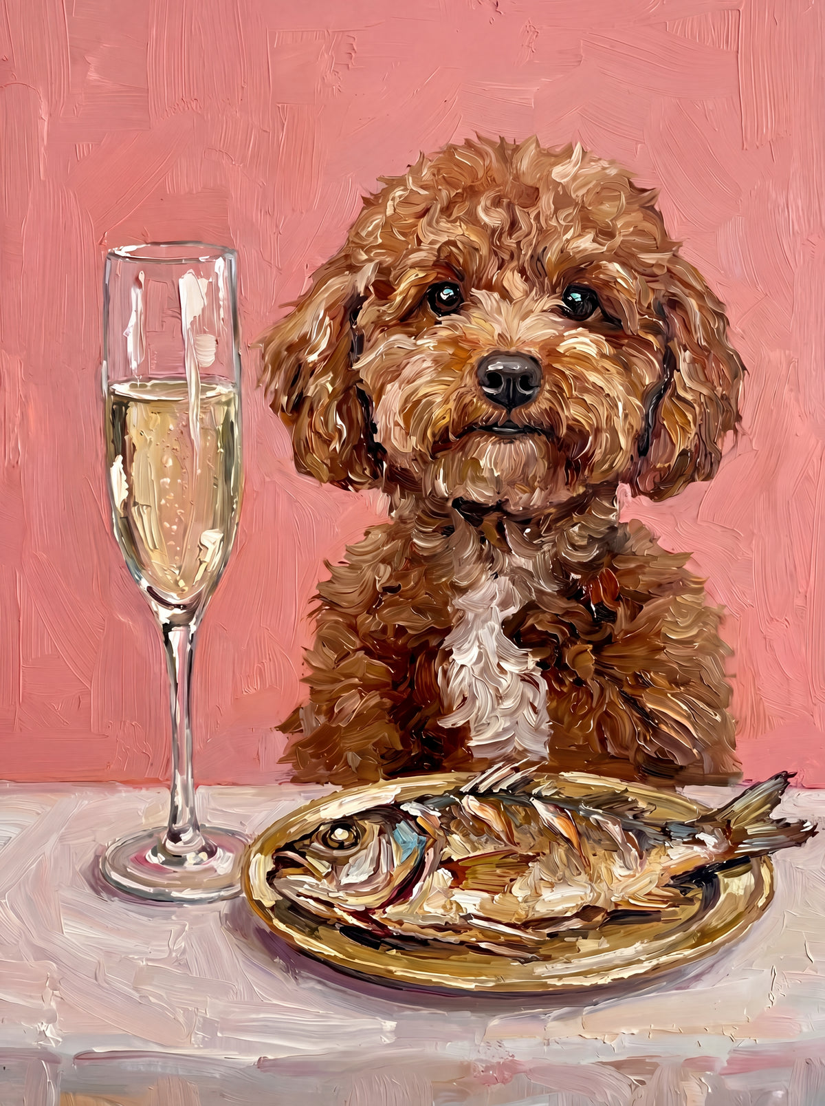 Lockiger brauner Hund im Ölgemälde neben Fisch und Sektglas
