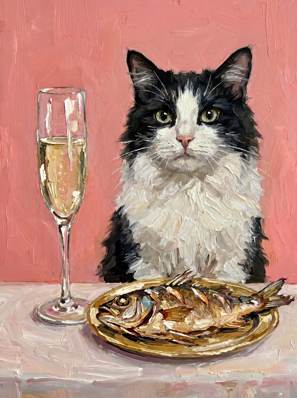 Schwarzweiße Katze als Ölgemälde mit Fisch und Sektglas vor rosa Hintergrund