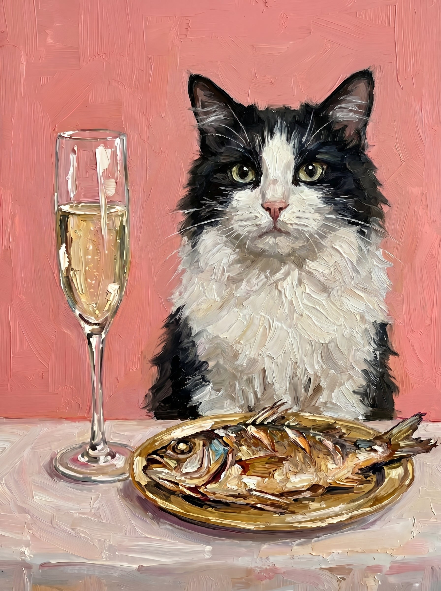 Schwarzweiße Katze als Ölgemälde mit Fisch und Sektglas vor rosa Hintergrund