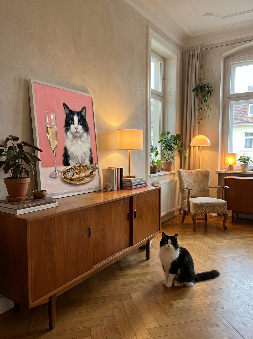 Schwarzweiße Katze im Wohnzimmer vor Katzenporträt mit Sektglas und Fisch