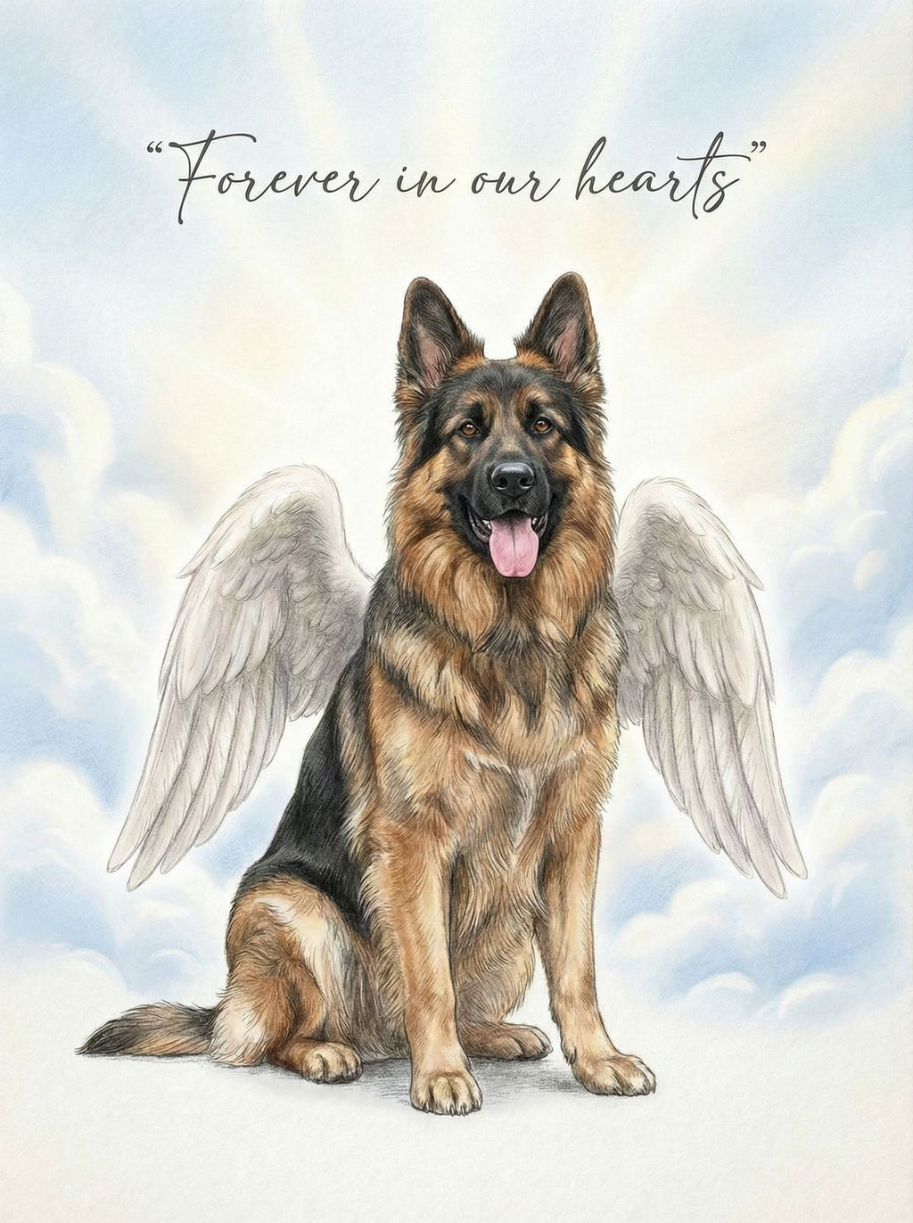 Deutscher Schäferhund mit Engelsflügeln als Gedenkillustration vor Wolkenhimmel