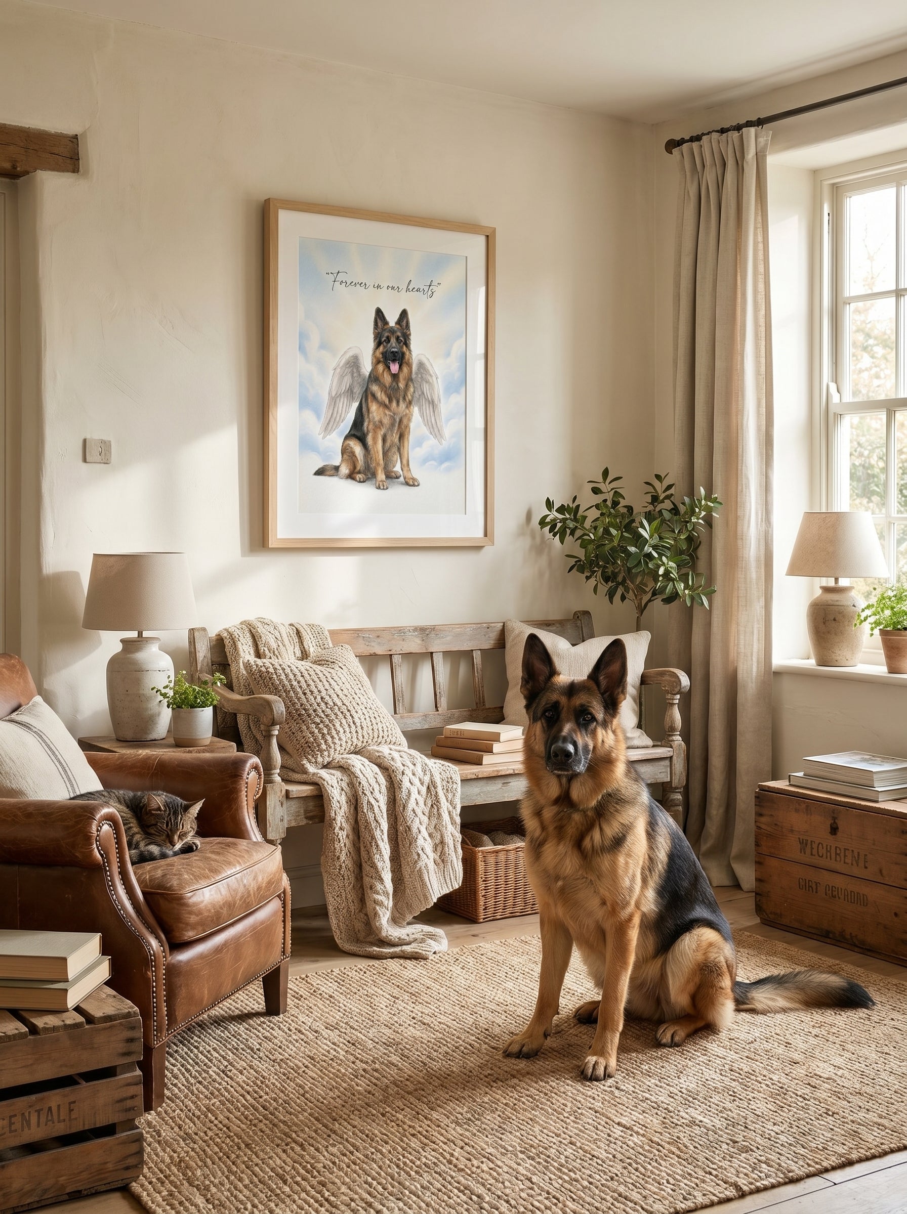 Deutscher Schäferhund im Wohnzimmer unter Erinnerungsbild mit Engelsflügeln, Landhausstil