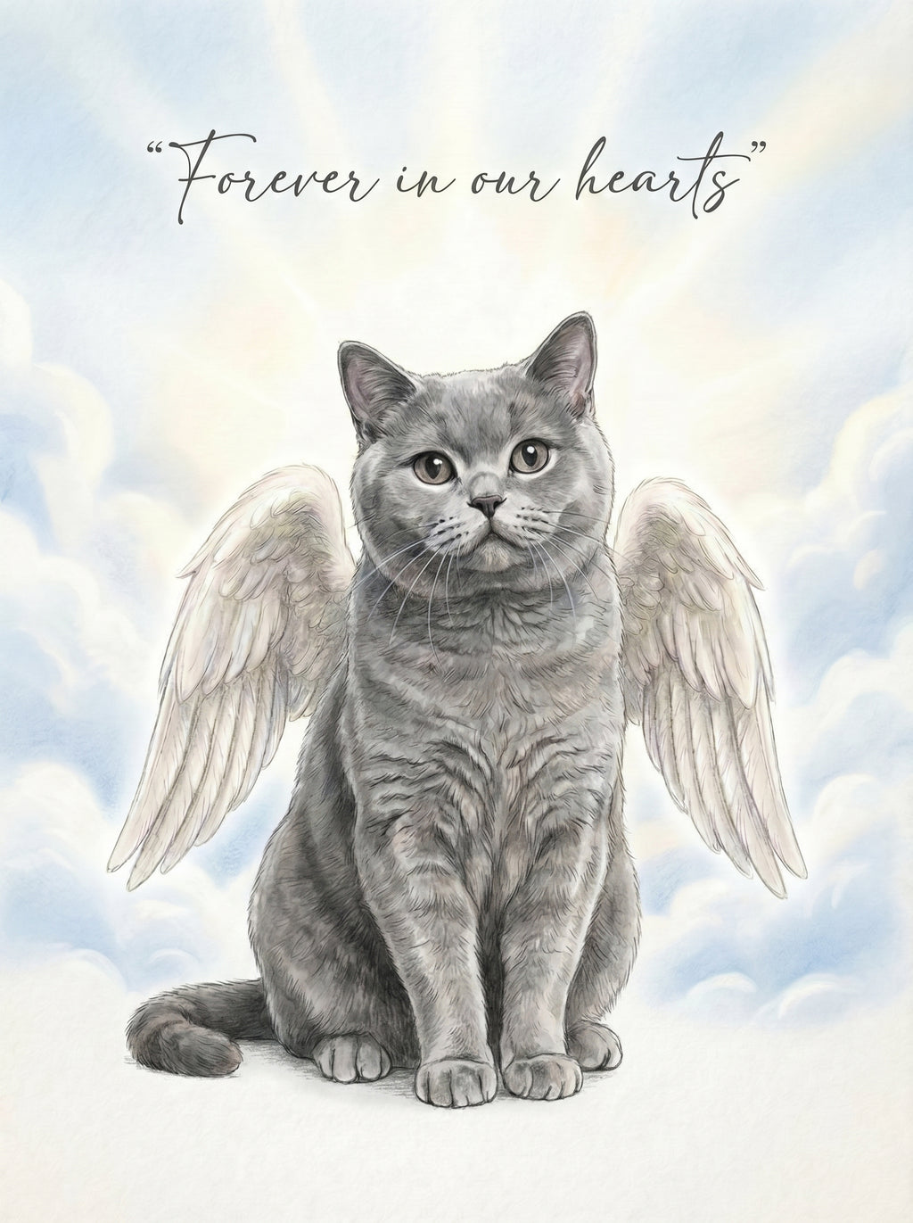 Graue Katze mit Engelsflügeln im Himmel, liebevolle Gedenkillustration