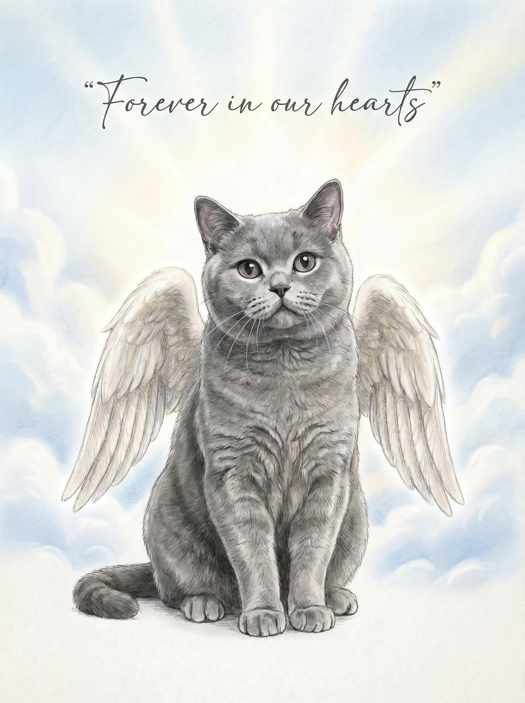 Graue Katze mit Engelsflügeln im Himmel, liebevolle Gedenkillustration
