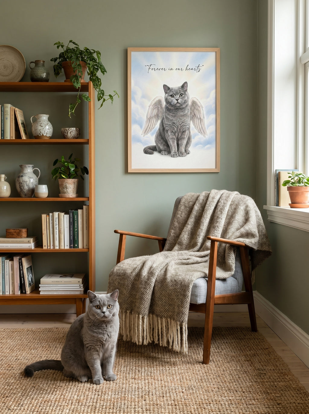 Graue Katze im Wohnzimmer unter gerahmtem Engelkatzen-Porträt an der Wand