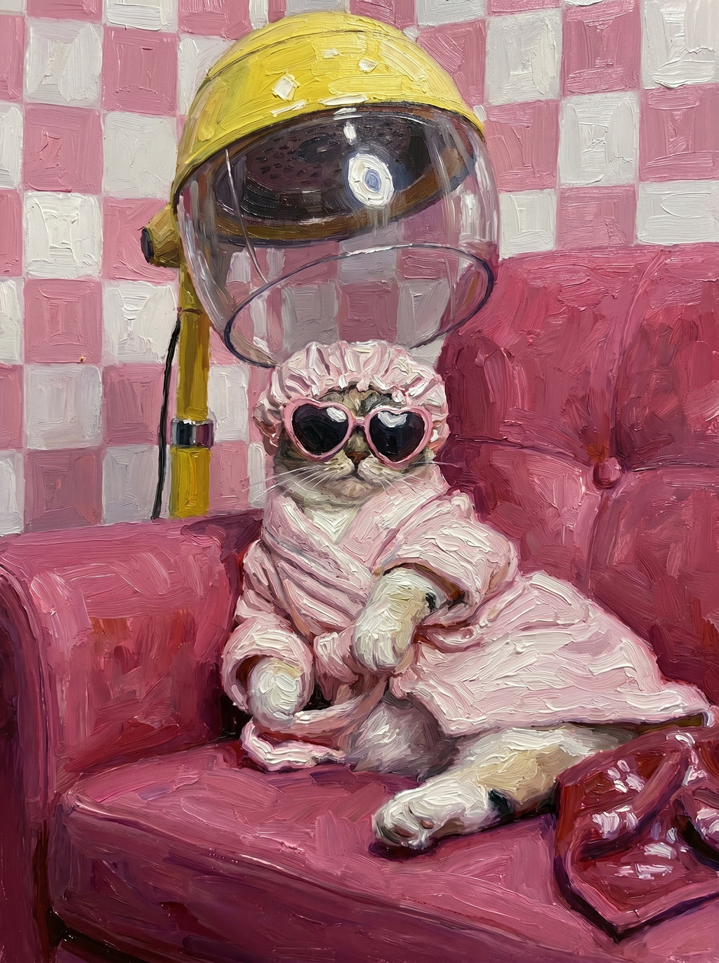 Katze im rosa Bademantel mit Herzbrille unter Trockenhaube, Ölgemälde