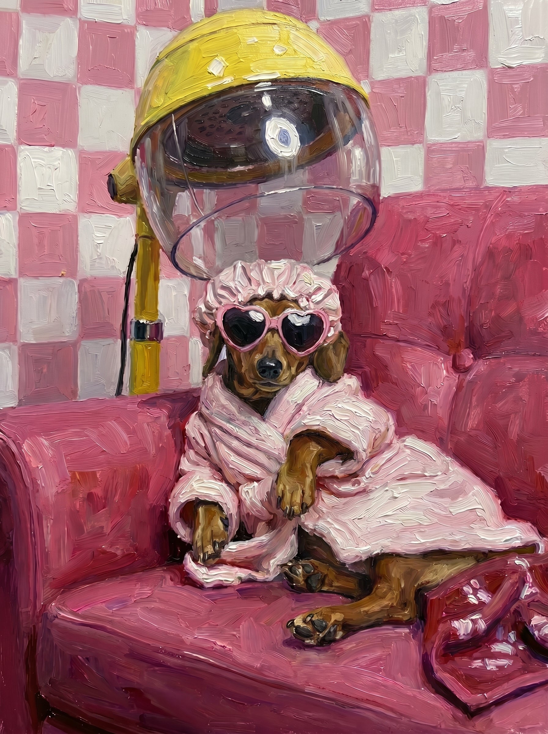 Dackel im rosa Bademantel mit Herzbrille unter Trockenhaube, Gemälde
