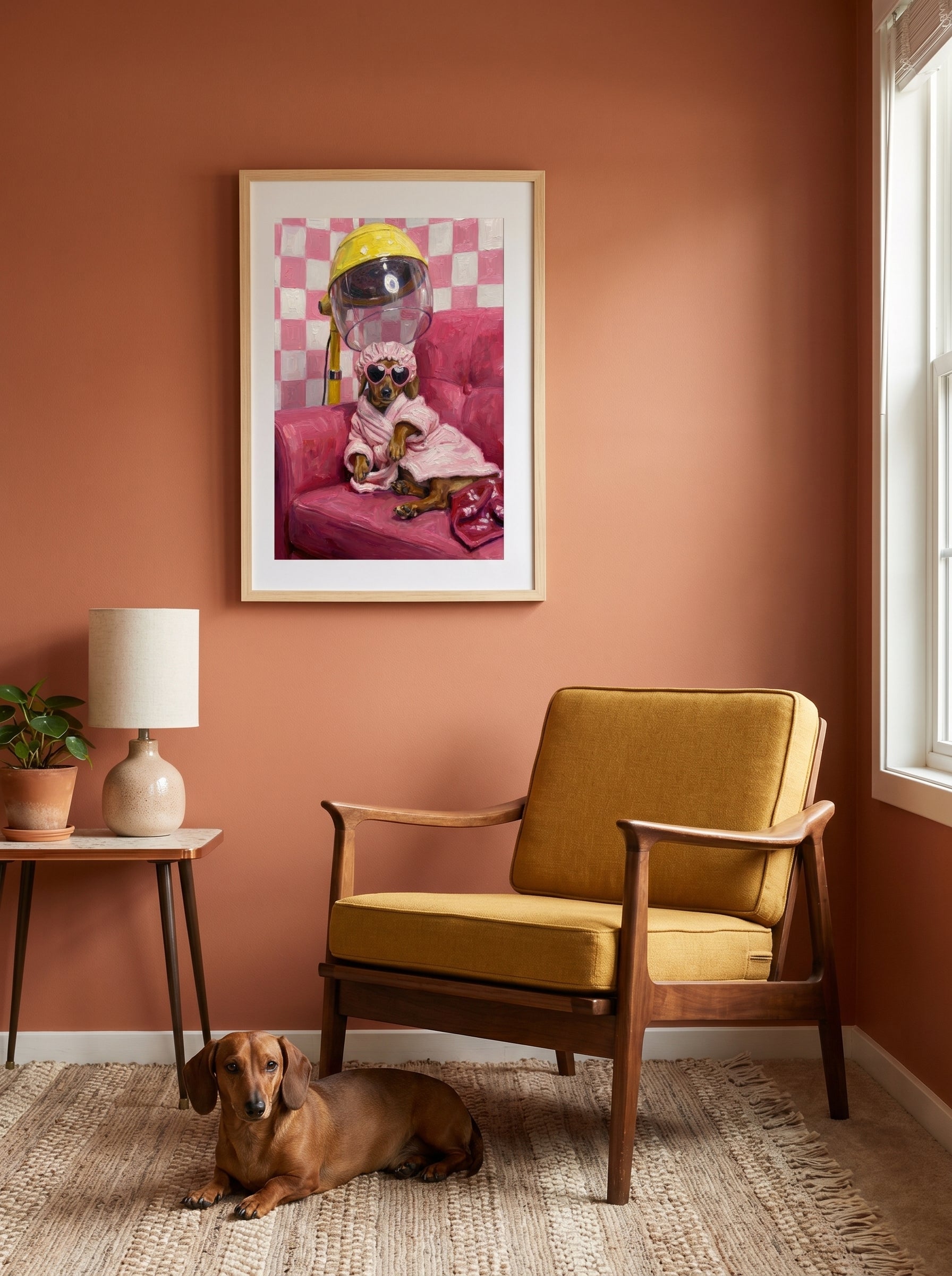 Dackel im rosa Bademantel auf Sofa, humorvolle Malerei im Wohnzimmer