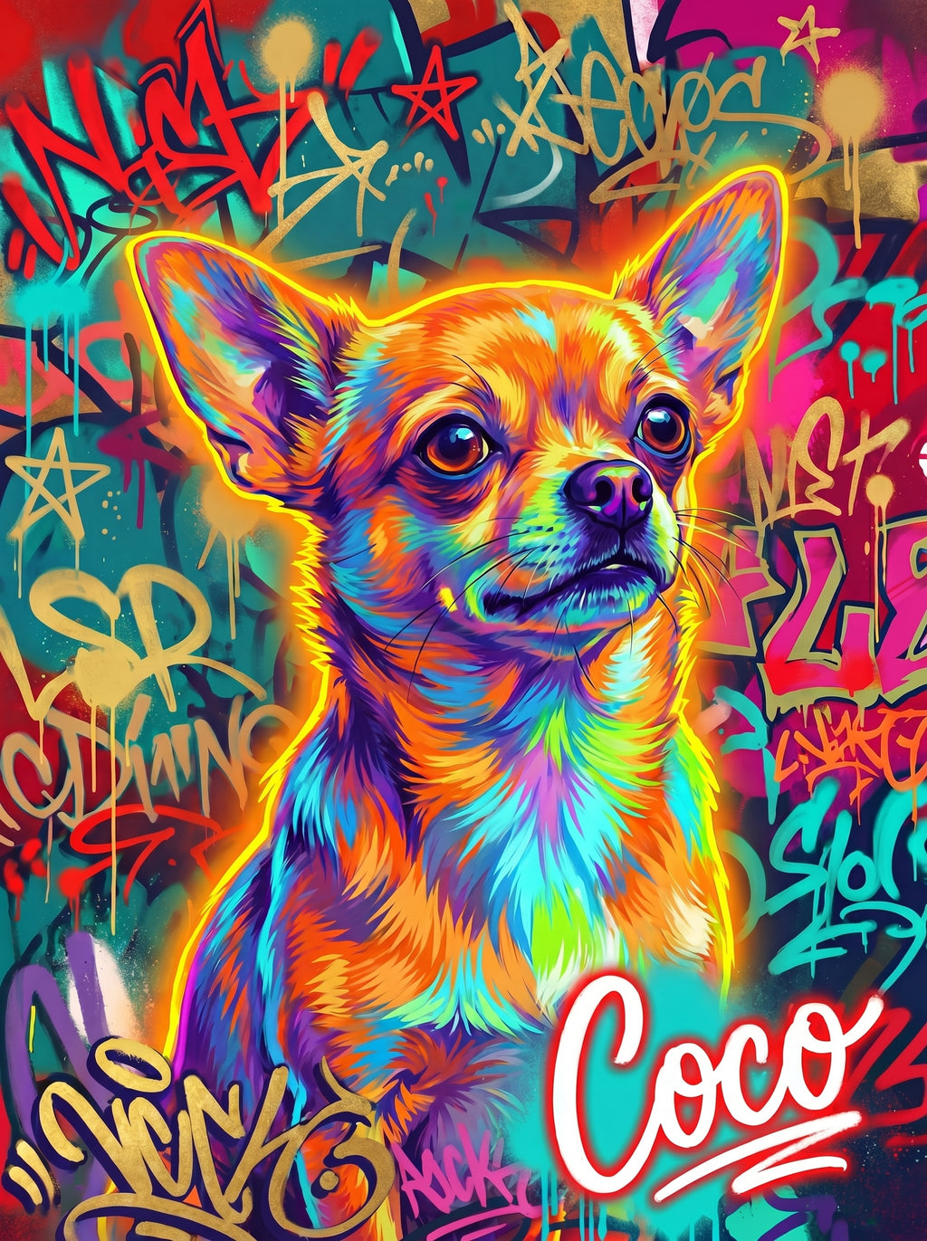 Bunter Chihuahua im Neon-Graffiti-Stil vor farbenfroher Graffiti-Wand