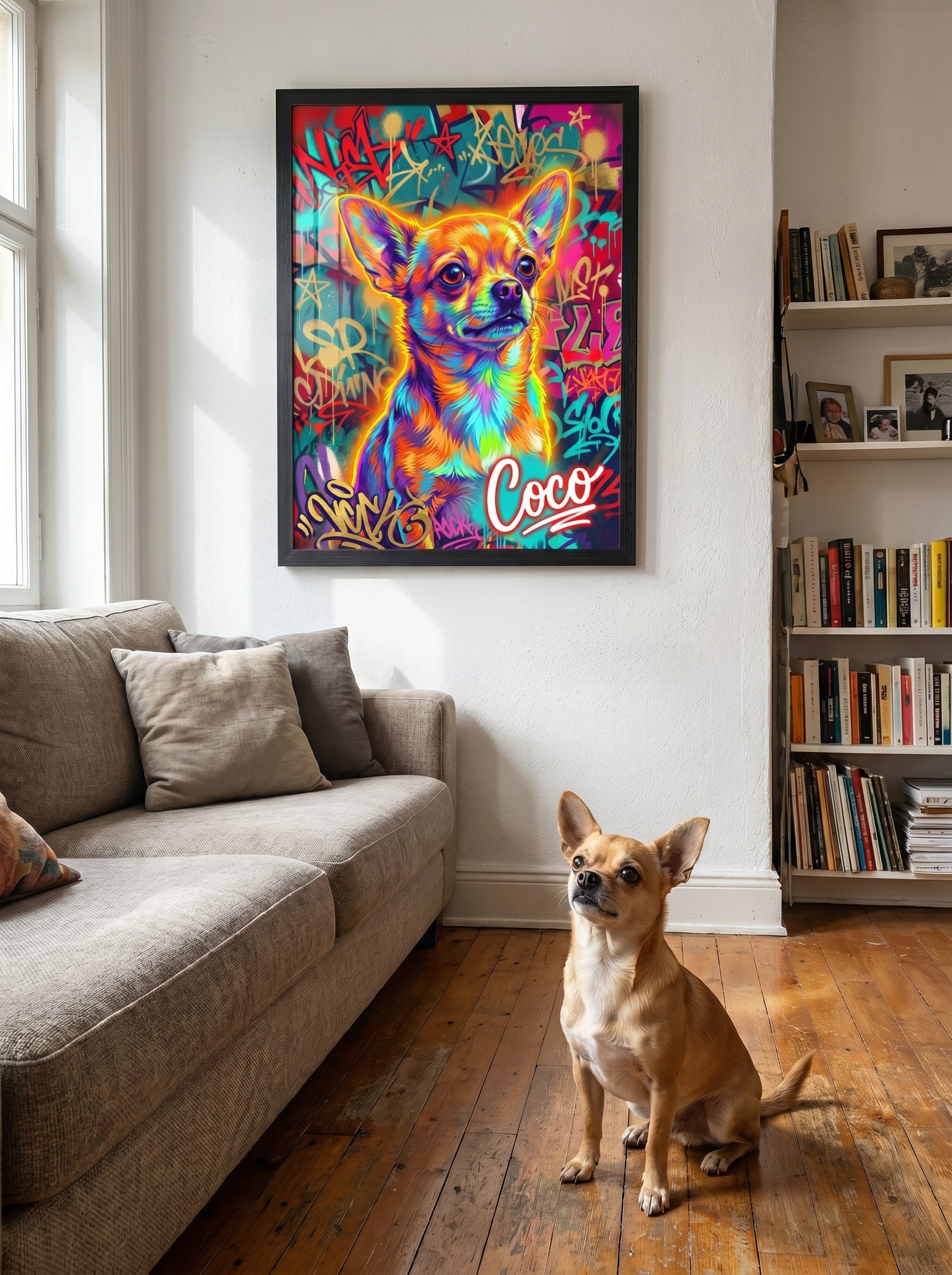 Buntes Chihuahua-Porträt im Graffiti-Stil über Hund im Wohnzimmer