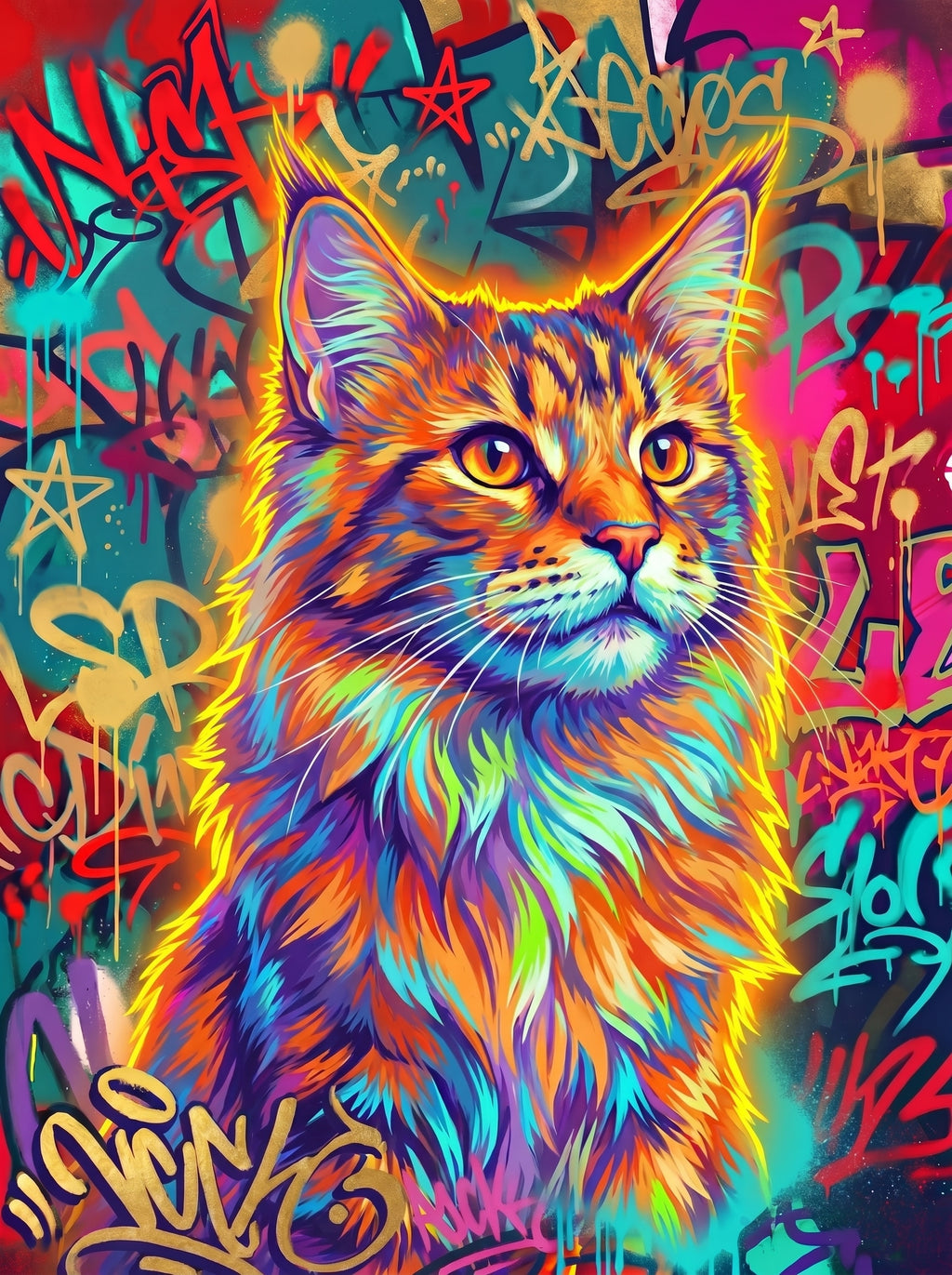 Bunte Katze als Neon-Graffiti-Porträt vor urbaner Streetart-Wand