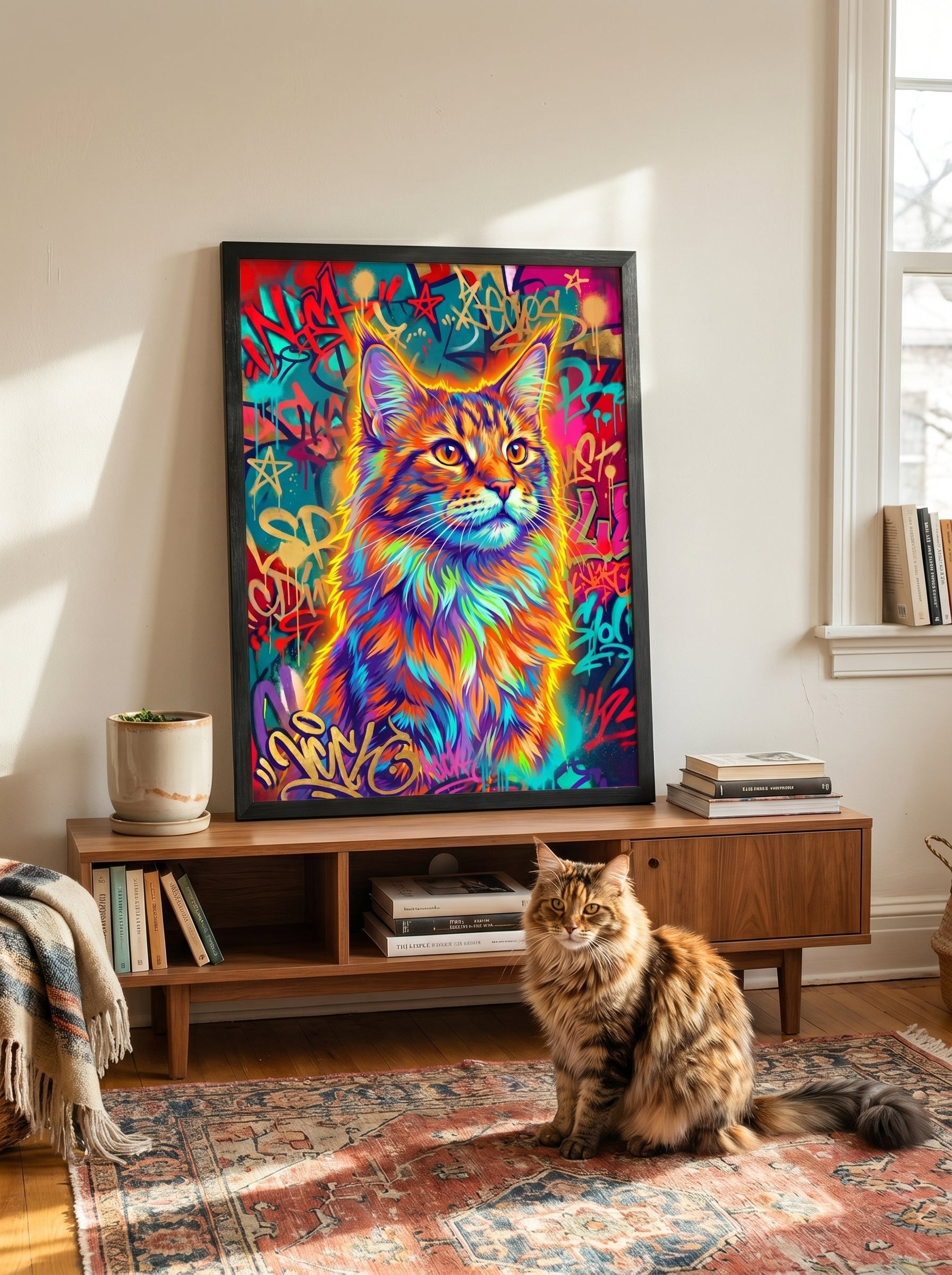 Bunte Katze im Graffiti-Stil als gerahmtes Wandbild im Wohnzimmer