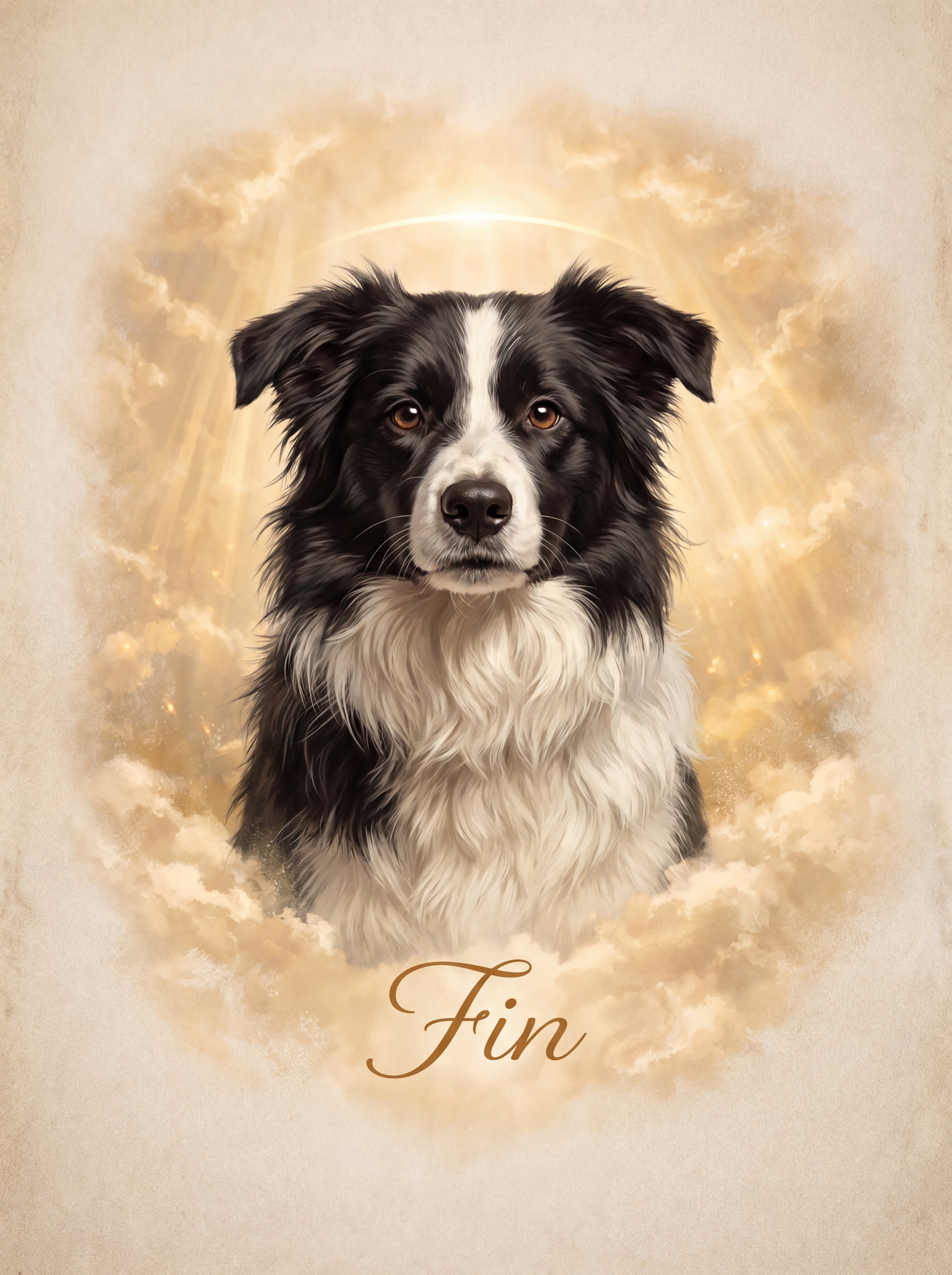 Border Collie Porträt im realistischen Stil vor himmlischen Wolken und Lichtstrahlen