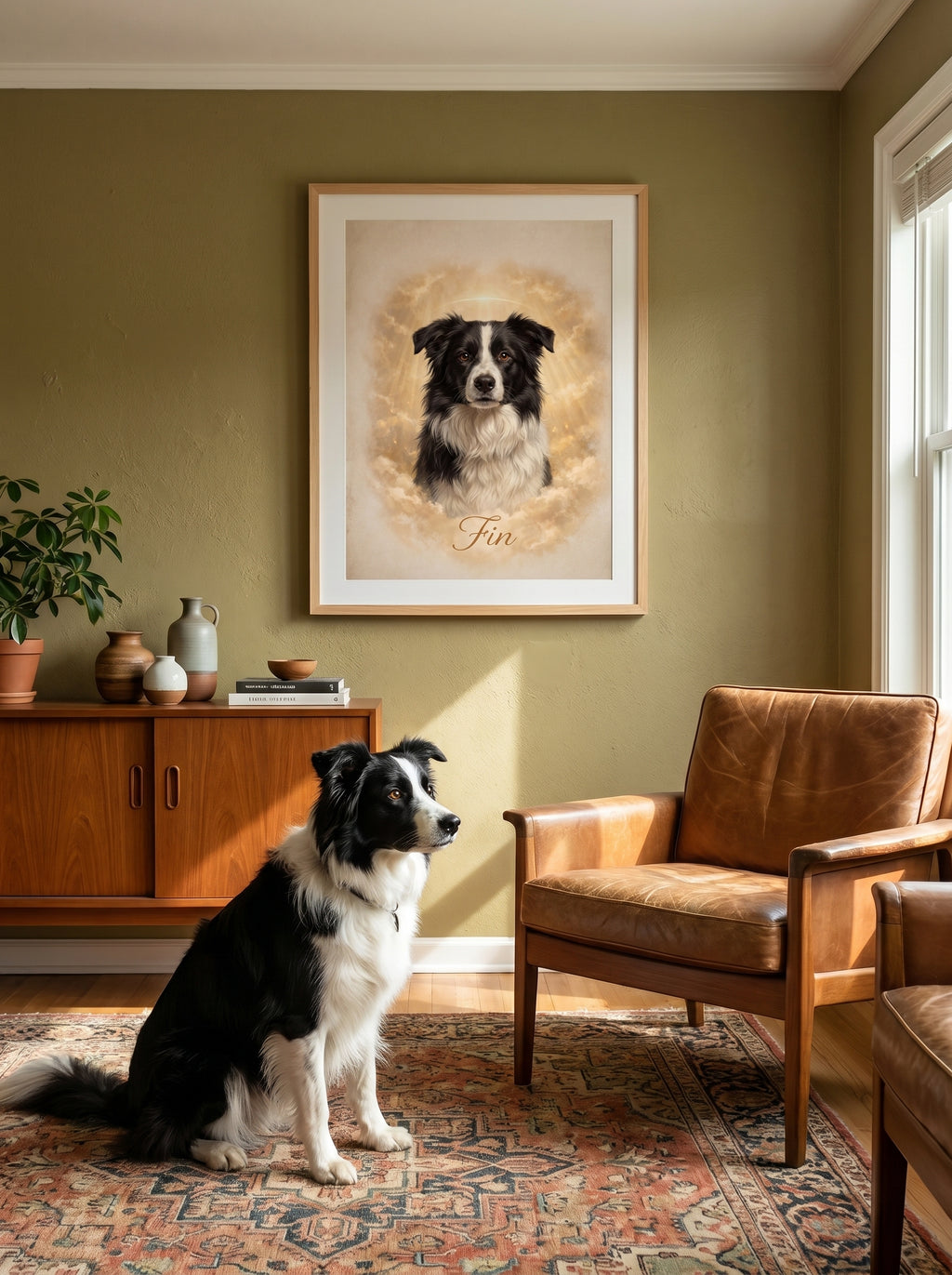 Border Collie unter gerahmtem Hundeporträt im gemütlichen Wohnzimmer